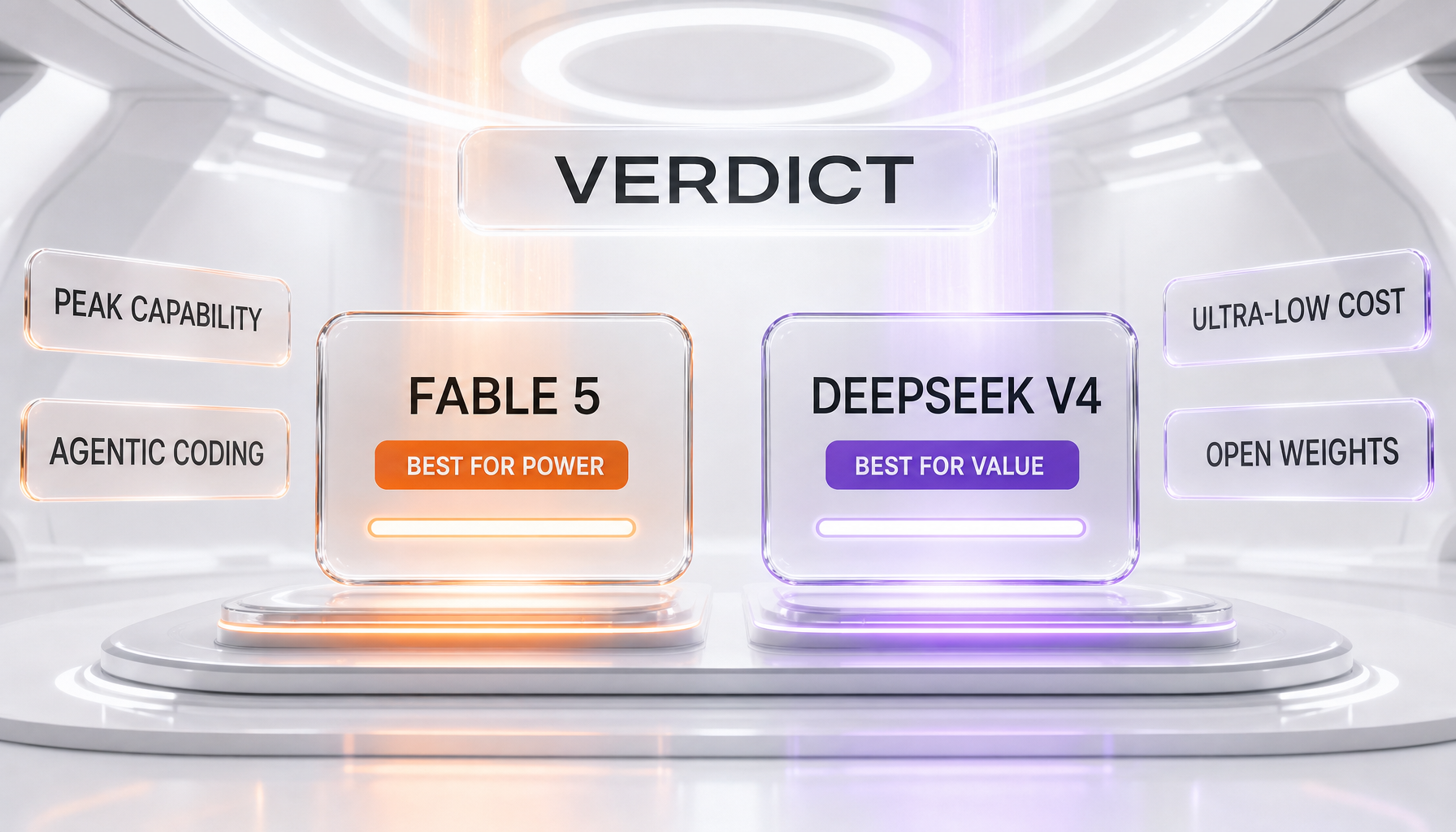 Verdict chart — Claude Fable 5 wins peak capability, agentic coding, and US compliance; DeepSeek V4 wins ultra-low cost, open weights, and self-hosting