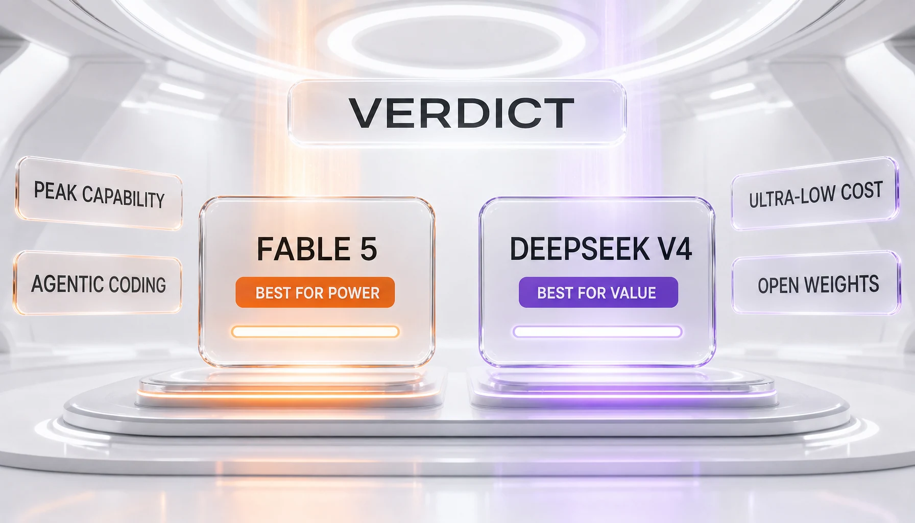 Verdict chart — Claude Fable 5 wins peak capability, agentic coding, and US compliance; DeepSeek V4 wins ultra-low cost, open weights, and self-hosting