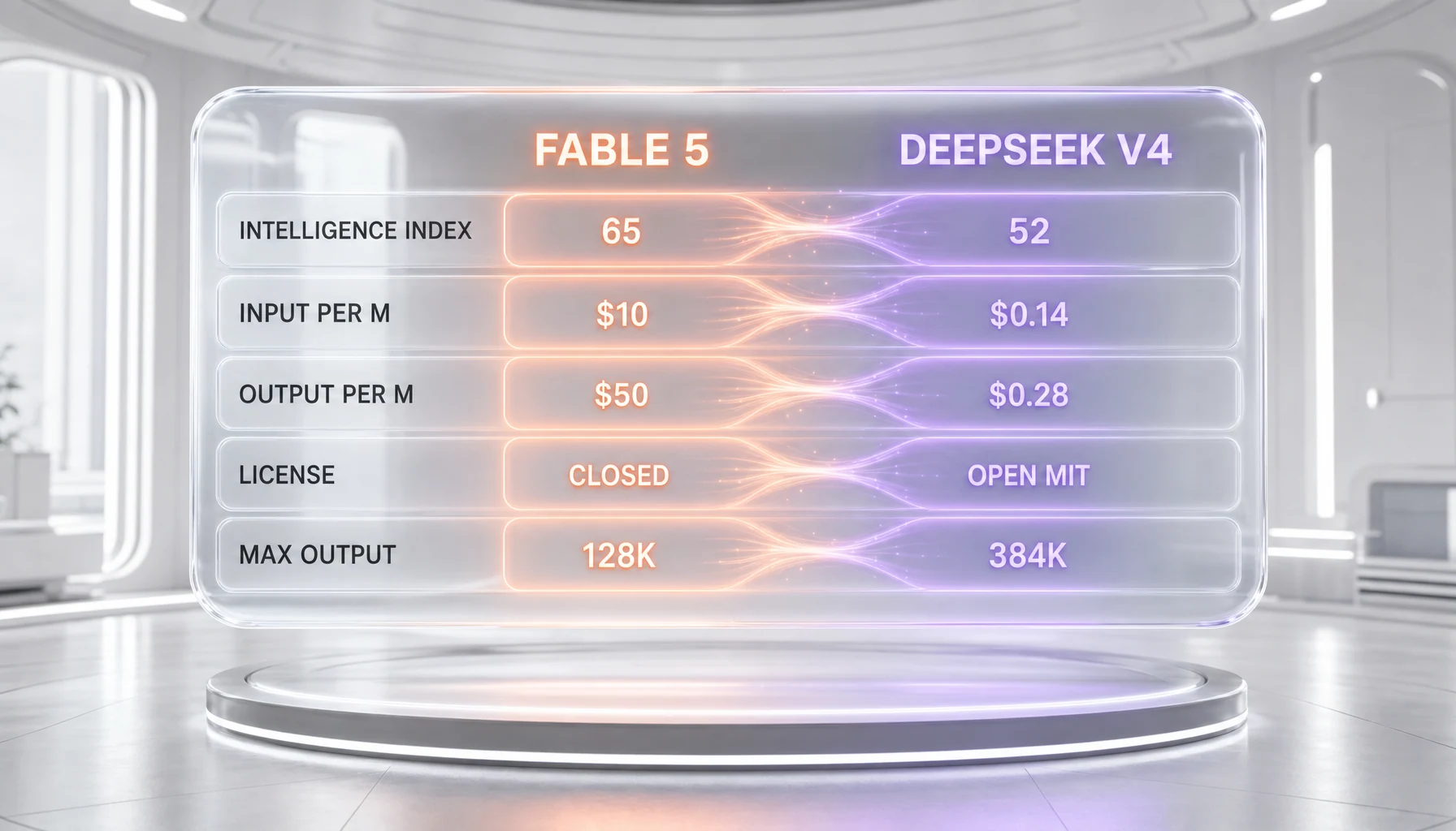 Claude Fable 5 vs DeepSeek V4 comparison scorecard — Intelligence Index, input and output price per million tokens, license, and max output side-by-side