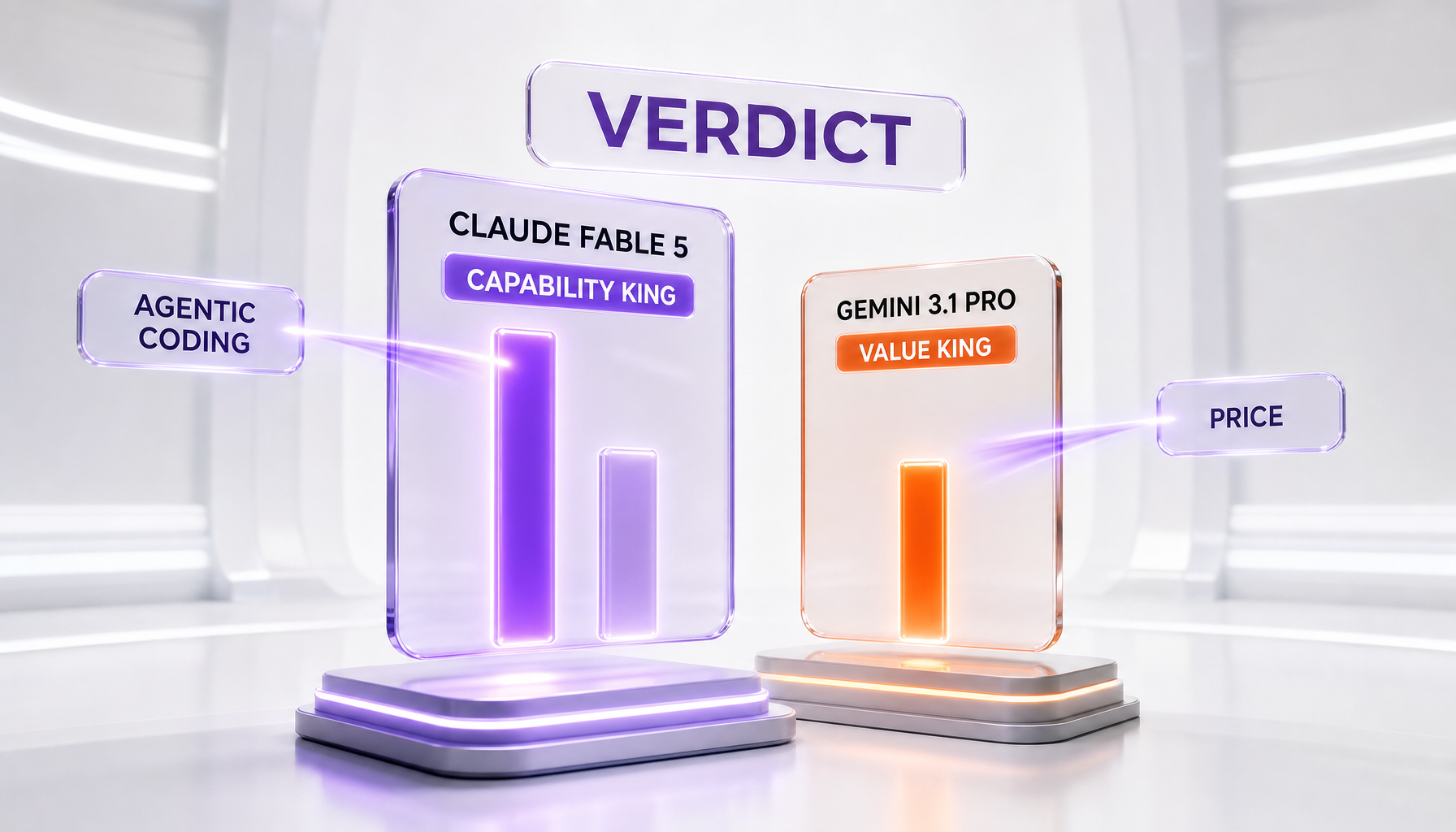Verdict scoreboard showing the capability winner card elevated beside the value winner card