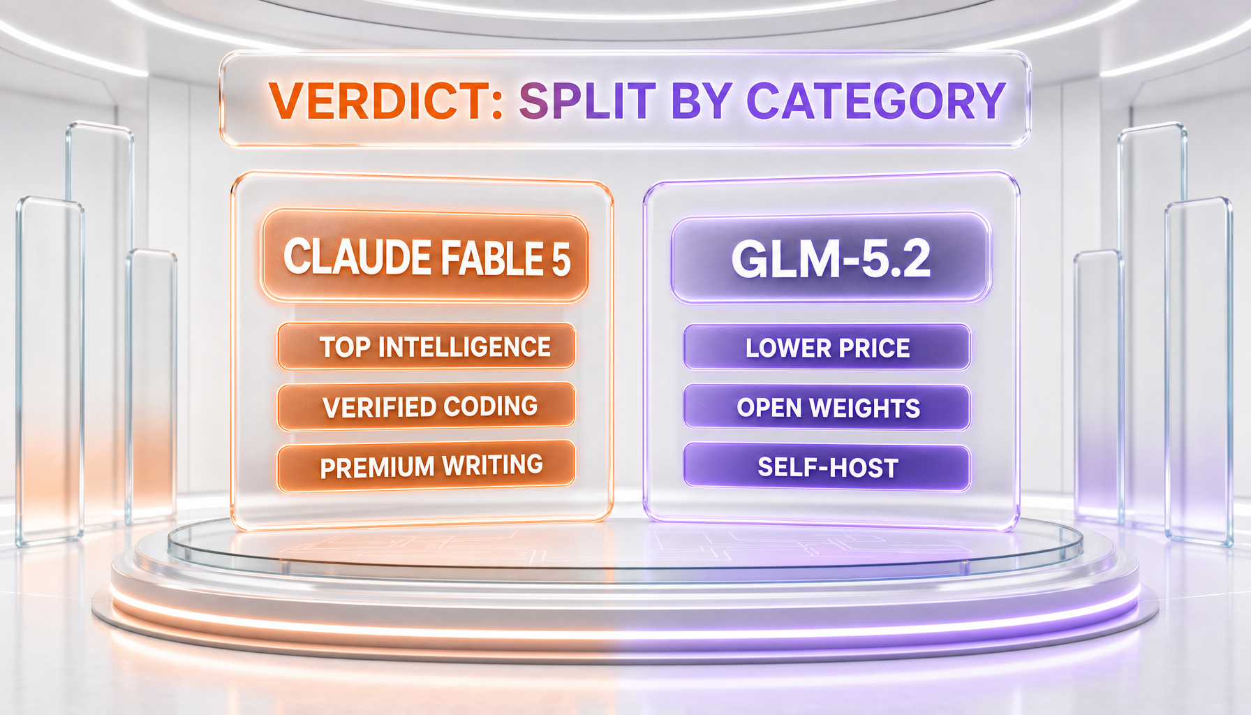 Split verdict chart: Claude Fable 5 takes top intelligence, verified coding, and premium writing; GLM-5.2 takes lower price, open weights, and self-hosting — two equally prominent cards, no overall winner