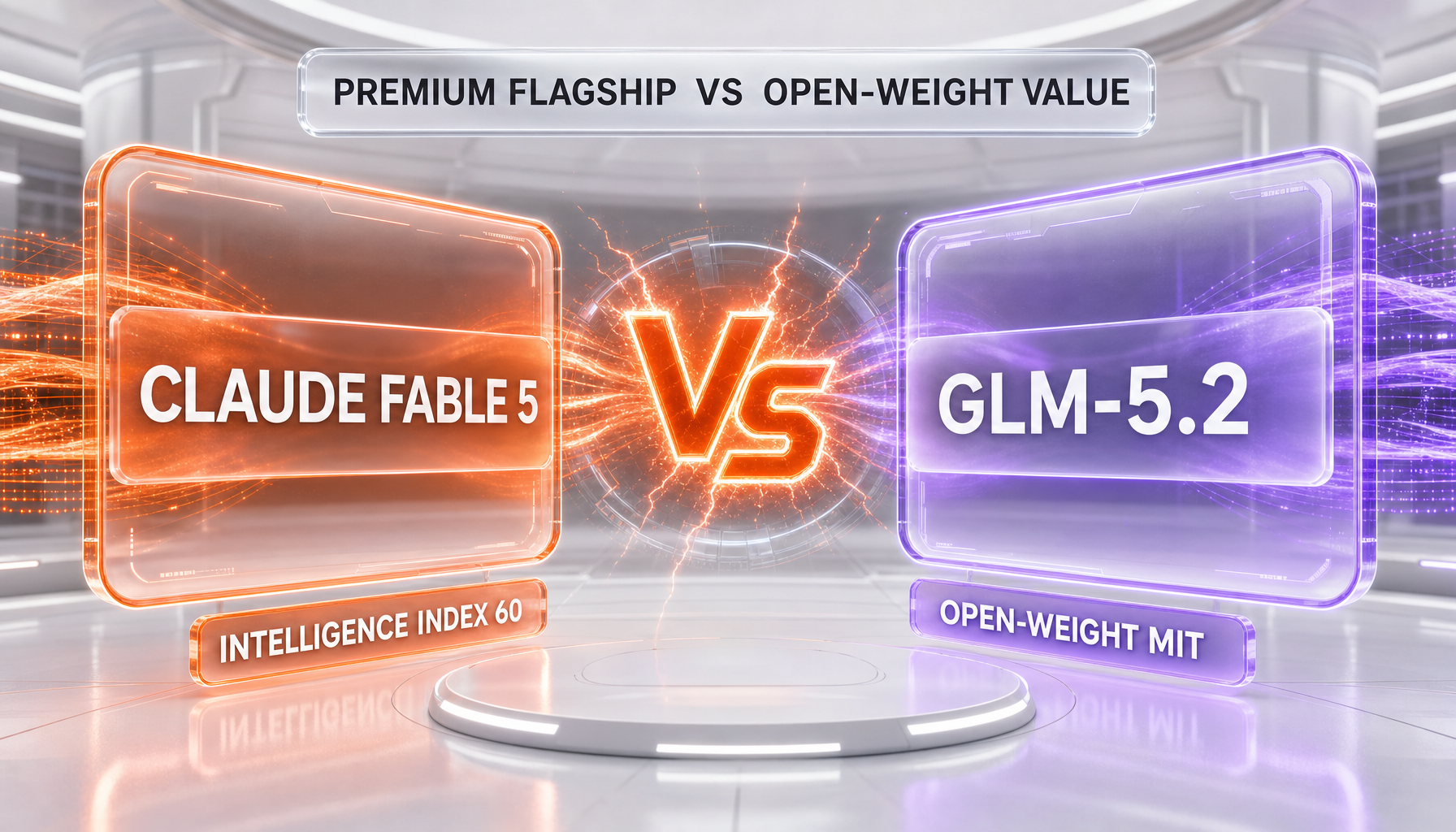 Claude Fable 5 versus GLM-5.2 head-to-head showdown — two glassmorphism model cards facing off, Fable in orange with its intelligence and coding scores, GLM-5.2 in violet with its per-million-token pricing and open-weight badge