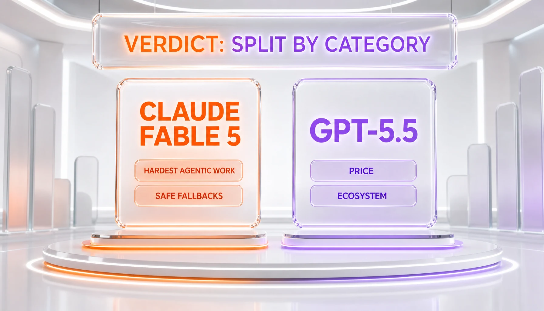 Verdict chart — Claude Fable 5 wins the hardest agentic work and safe fallbacks, GPT-5.5 wins price and ecosystem, split by category