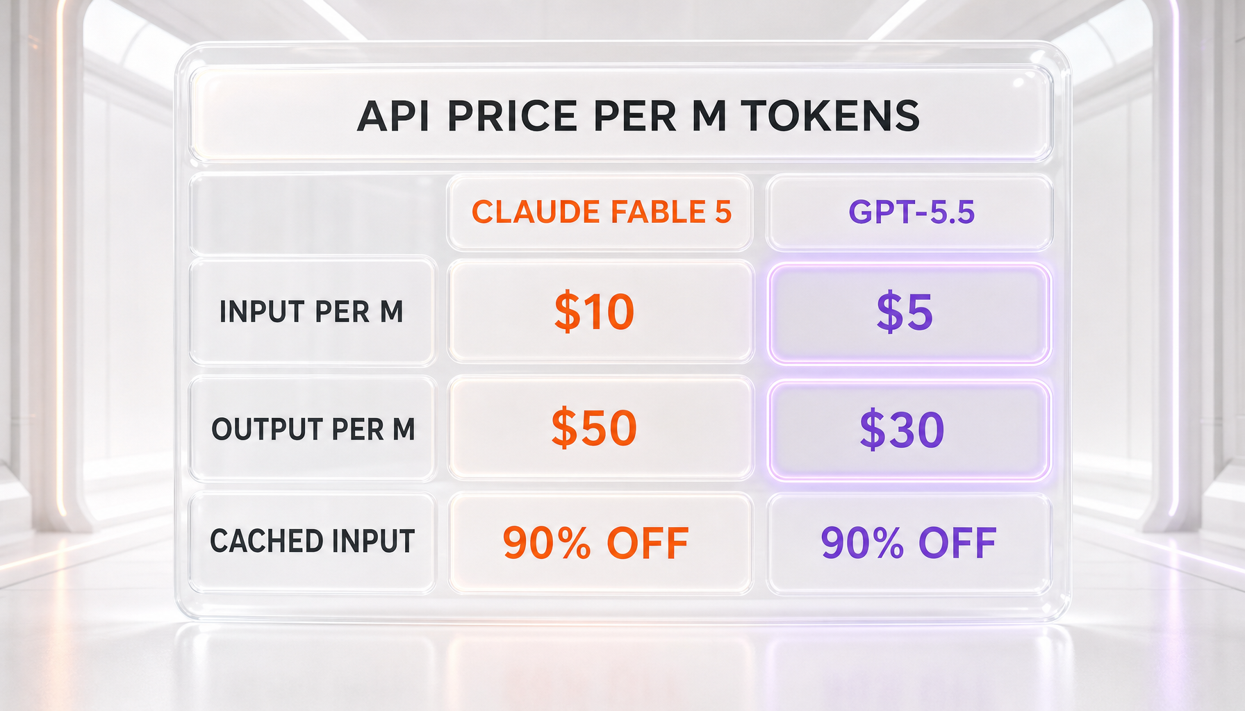 Pricing comparison — Claude Fable 5 at 10 dollars input and 50 dollars output versus GPT-5.5 at 5 dollars input and 30 dollars output per million tokens