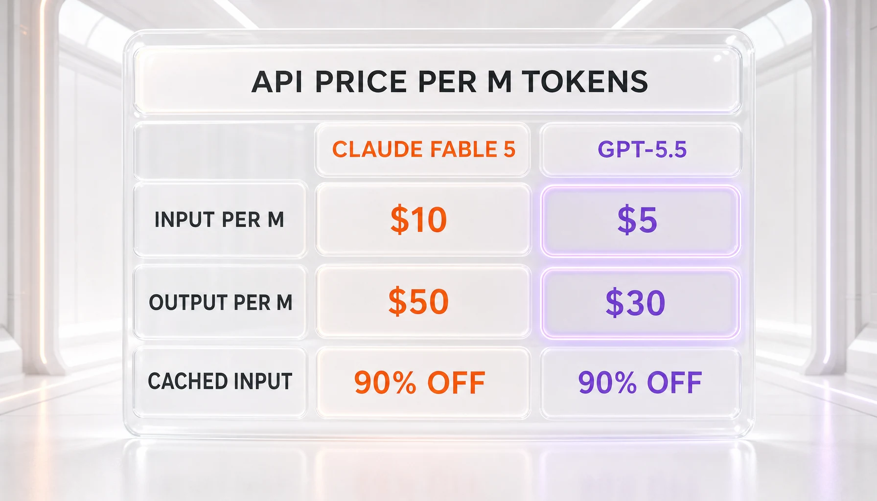 Pricing comparison — Claude Fable 5 at 10 dollars input and 50 dollars output versus GPT-5.5 at 5 dollars input and 30 dollars output per million tokens
