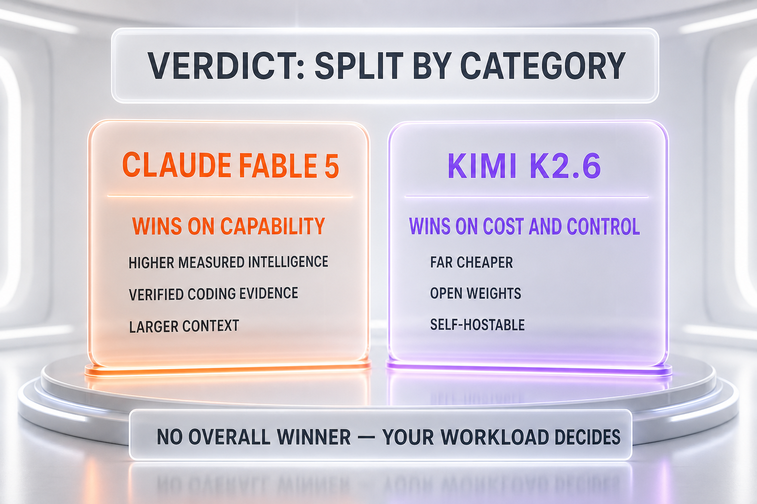 Claude Fable 5 vs Kimi K2.6 split verdict — Fable 5 takes measured intelligence, verified coding evidence and larger context; Kimi K2.6 takes lower price, open weights and self-hosting; no overall winner