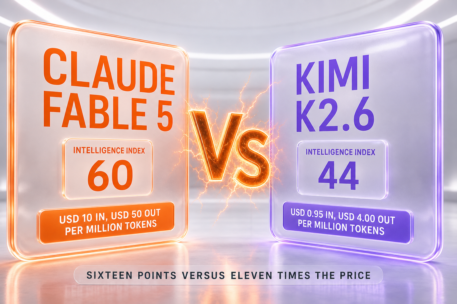 Claude Fable 5 vs Kimi K2.6 — 60 against 44 on the independent Artificial Analysis Intelligence Index, USD 10 against USD 0.95 per million input tokens, 1M against 256K context