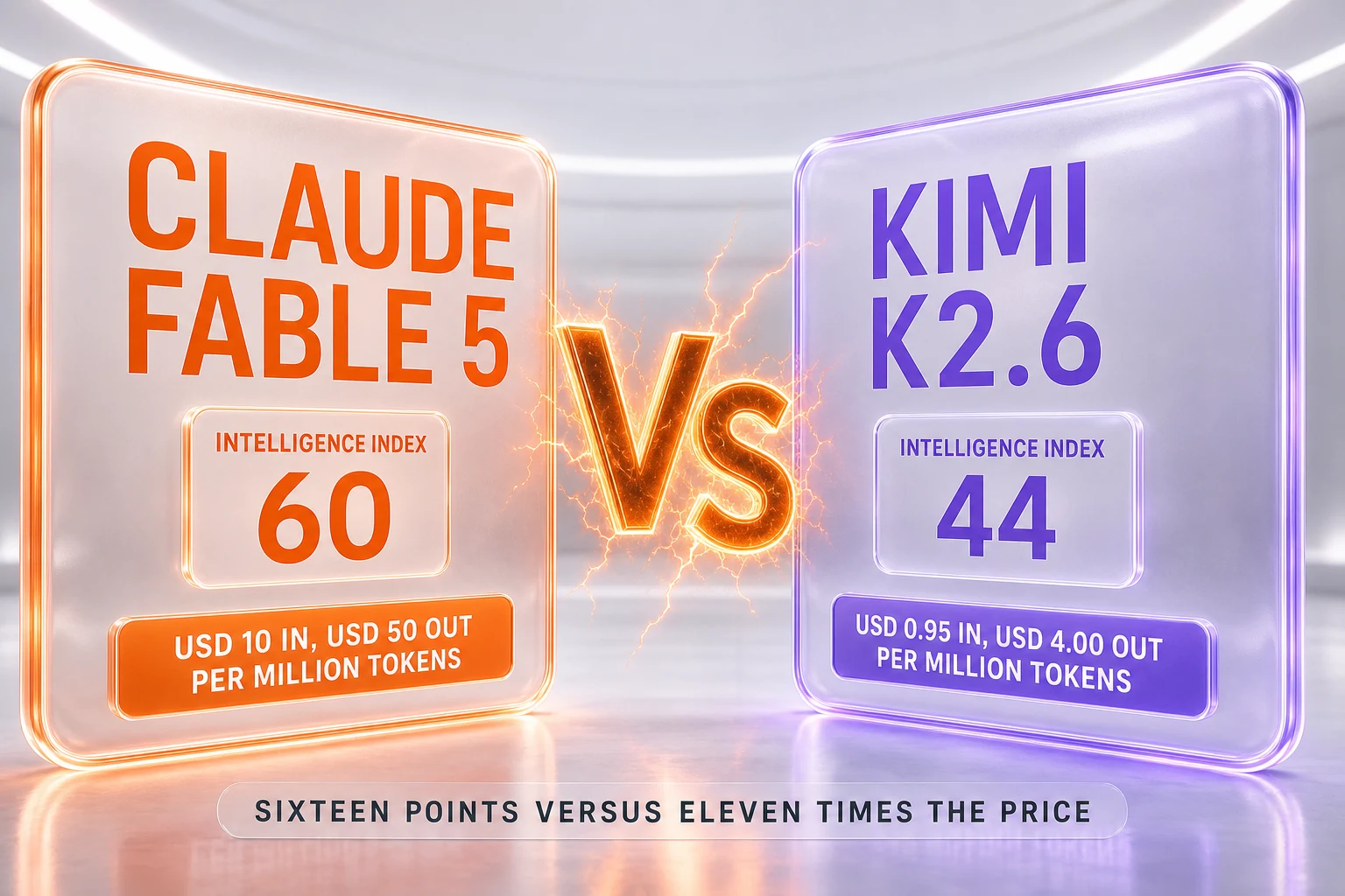 Claude Fable 5 vs Kimi K2.6 — 60 against 44 on the independent Artificial Analysis Intelligence Index, USD 10 against USD 0.95 per million input tokens, 1M against 256K context