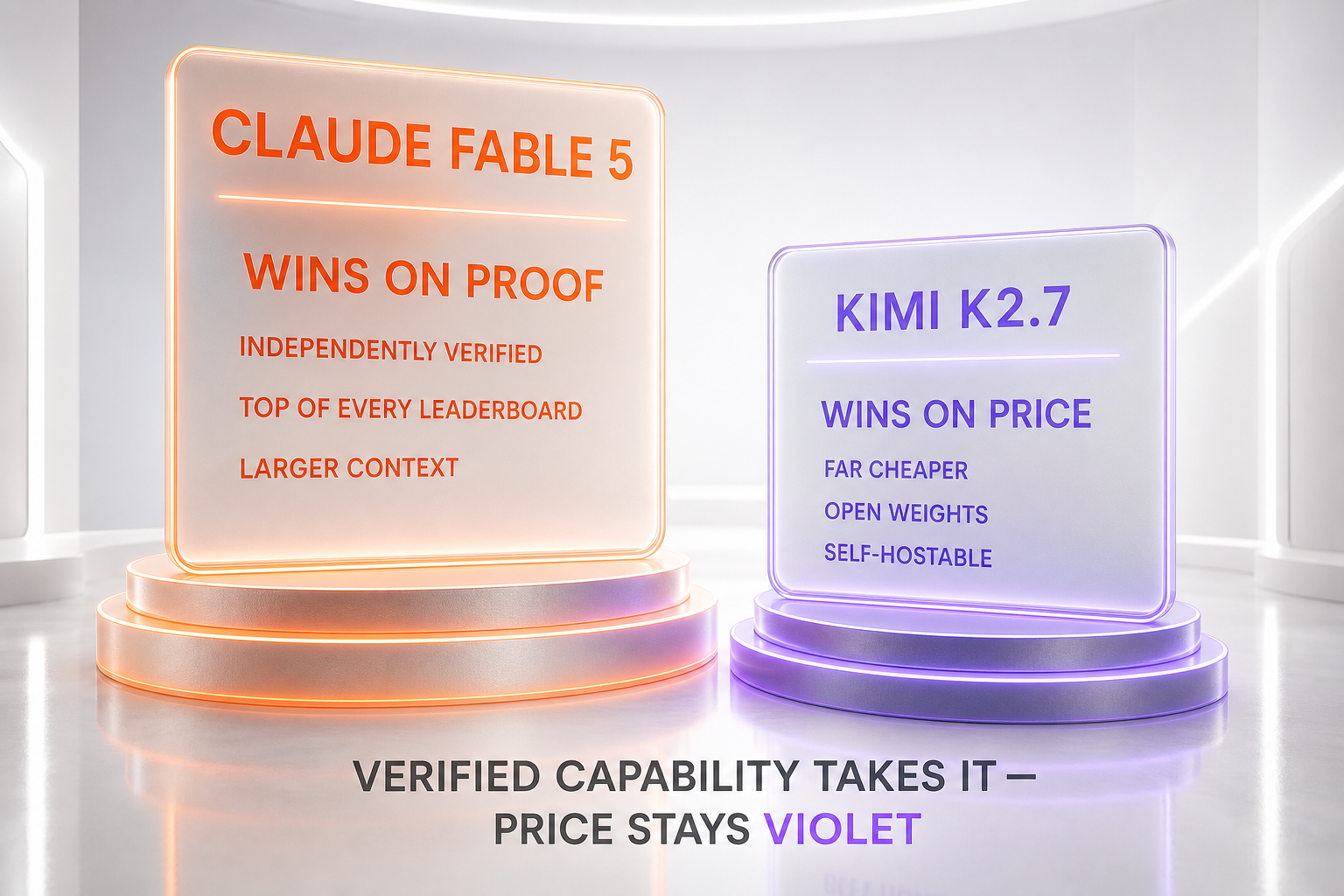 Claude Fable 5 vs Kimi K2.7 verdict — Fable 5 takes the overall call on independently verified capability; Kimi K2.7 wins on price, open weights, and self-hosting