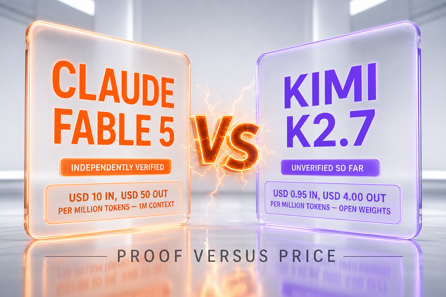 Claude Fable 5 vs Kimi K2.7 — USD 10 against USD 0.95 per million input tokens, a third-party verified coding score against a vendor self-reported one, 1M against 256K context