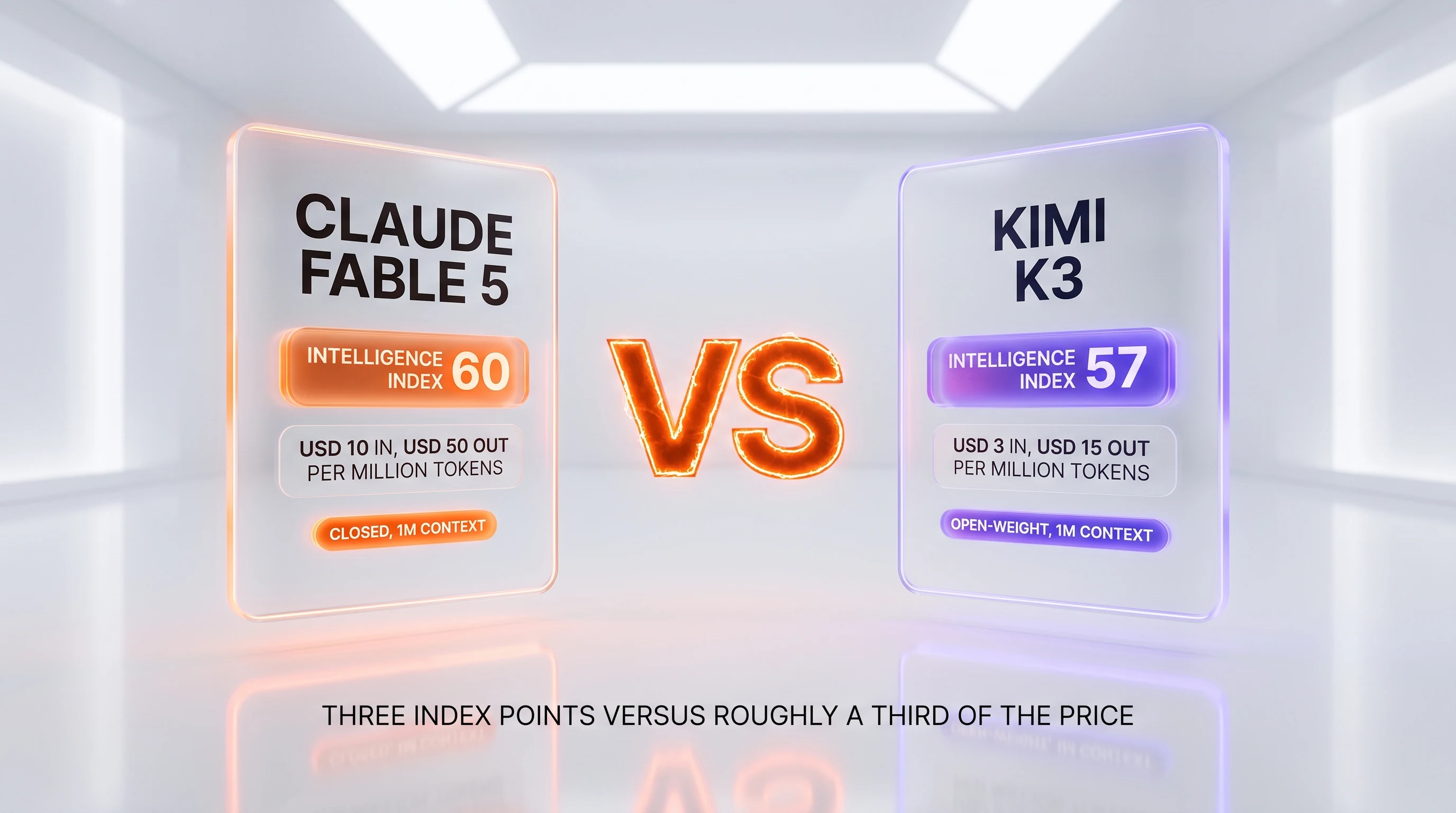Claude Fable 5 vs Kimi K3 — 60 against 57 on the independent Artificial Analysis Intelligence Index version 4.1, USD 10 against USD 3 per million input tokens, USD 50 against USD 15 per million output tokens, 1M against 1M context
