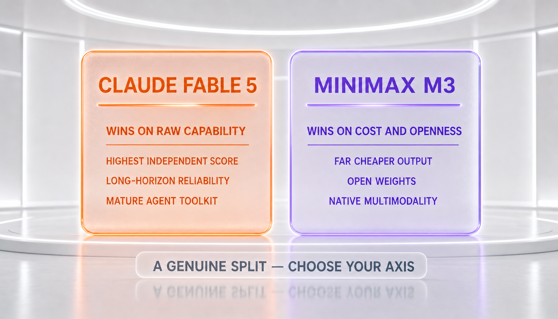 Split-decision verdict scoreboard for Claude Fable 5 and MiniMax M3, with each model winning its own axis — capability for Fable 5, cost and openness for MiniMax M3