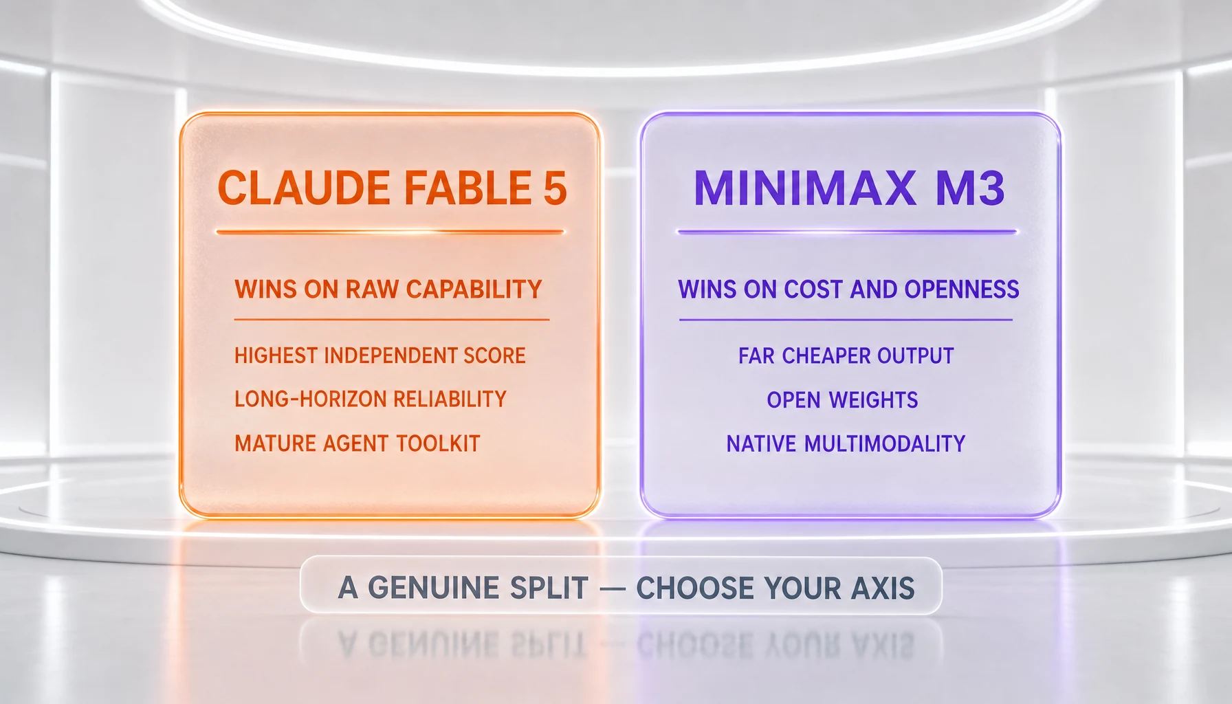 Split-decision verdict scoreboard for Claude Fable 5 and MiniMax M3, with each model winning its own axis — capability for Fable 5, cost and openness for MiniMax M3