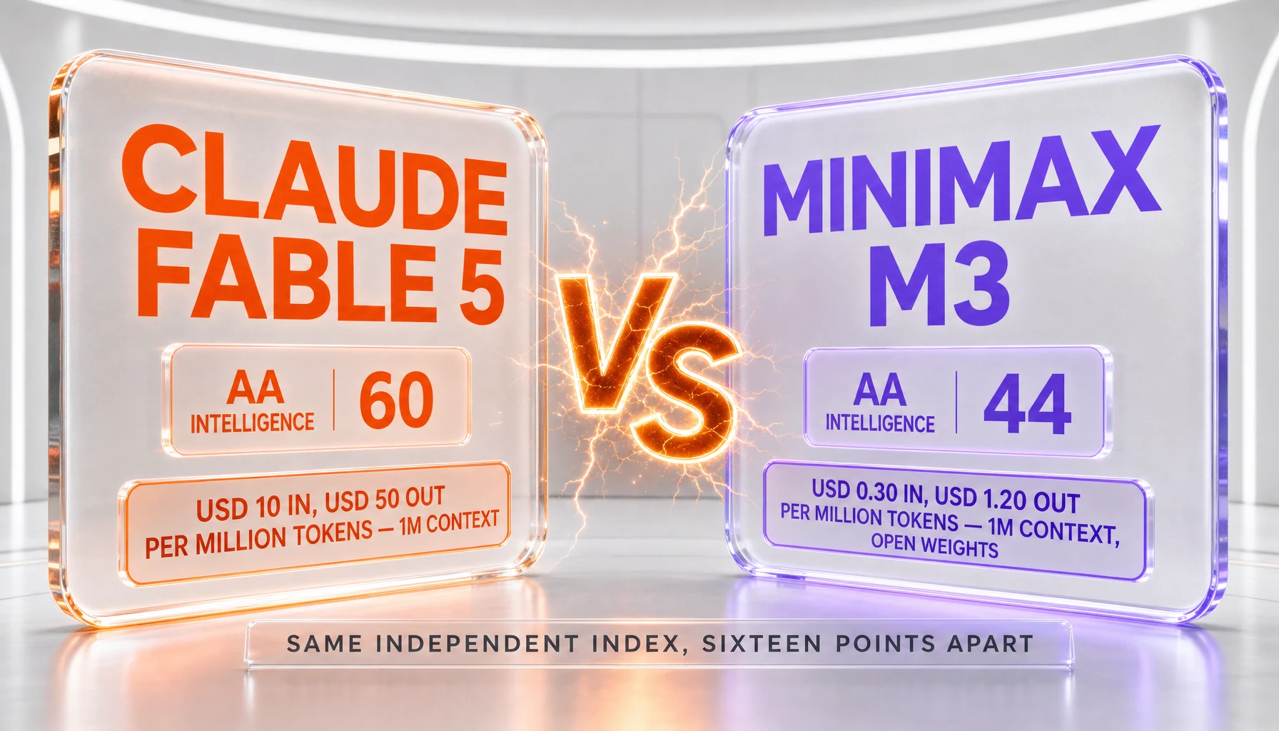 Claude Fable 5 vs MiniMax M3 — the most capable proprietary frontier model against the cheapest open-weight flagship, pricing and independent scores compared side-by-side by ThePlanetTools