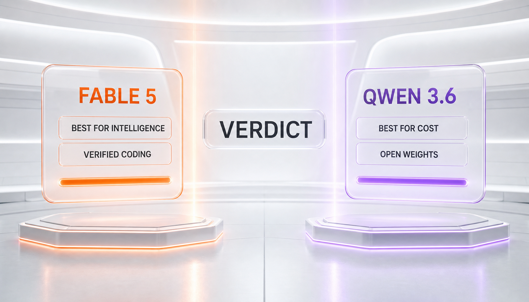 Verdict chart — Claude Fable 5 wins peak intelligence and verified coding; Qwen 3.6 wins cost and open-weight self-hosting, a split decision