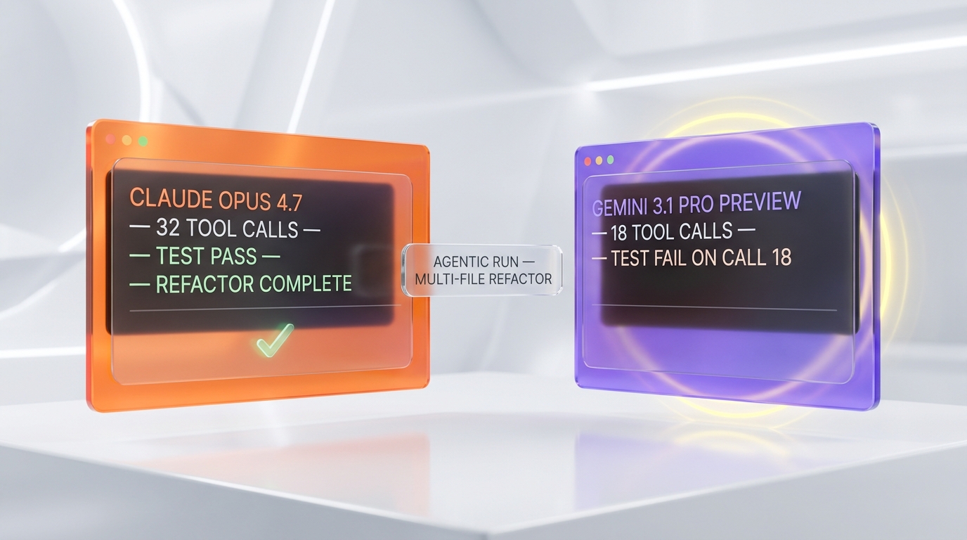 Agentic coding test — Claude Opus 4.7 32 tool calls test pass refactor complete vs Gemini 3.1 Pro Preview test fail at 18 calls