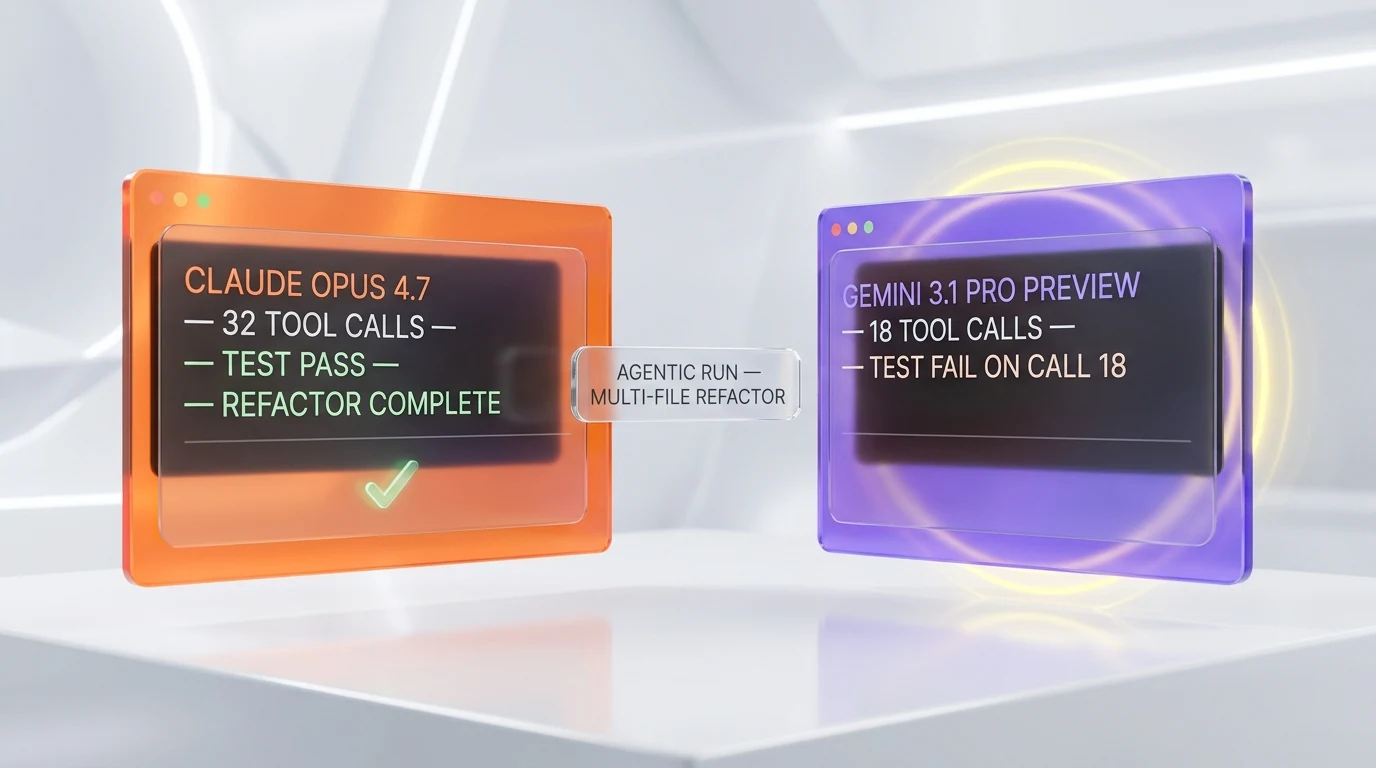 Agentic coding test — Claude Opus 4.7 32 tool calls test pass refactor complete vs Gemini 3.1 Pro Preview test fail at 18 calls