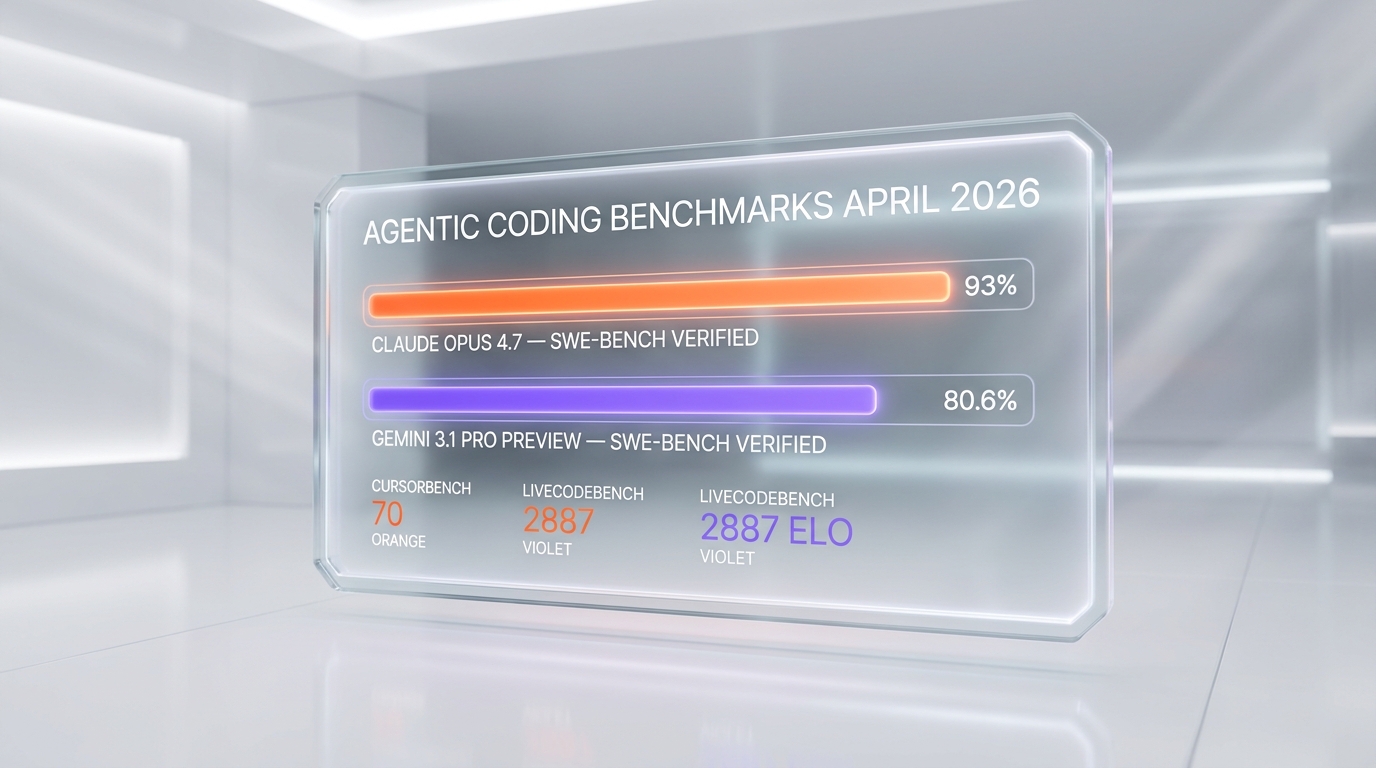 Agentic coding benchmarks April 2026 — Claude Opus 4.7 93 percent SWE-bench Verified vs Gemini 3.1 Pro Preview 80.6 percent