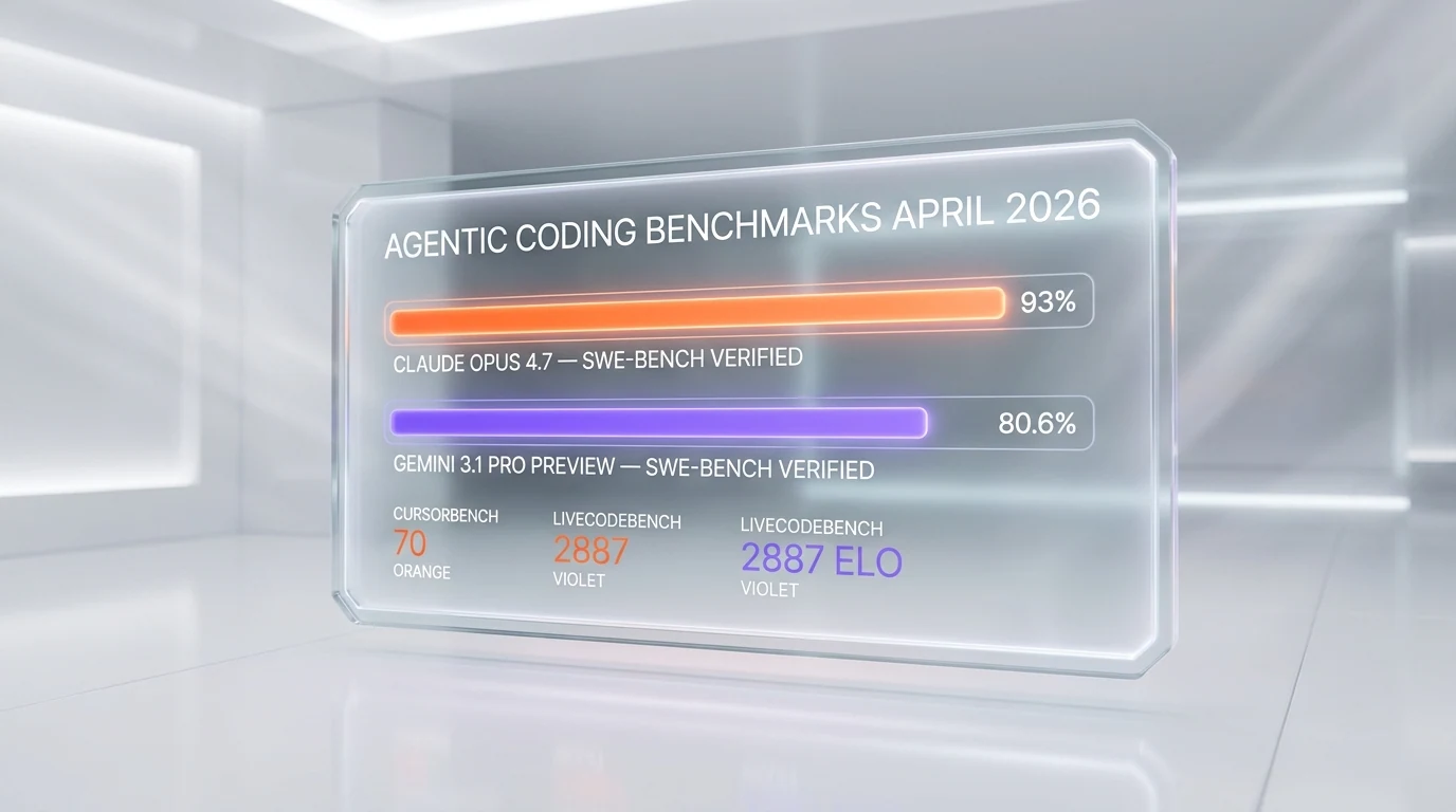 Agentic coding benchmarks April 2026 — Claude Opus 4.7 93 percent SWE-bench Verified vs Gemini 3.1 Pro Preview 80.6 percent