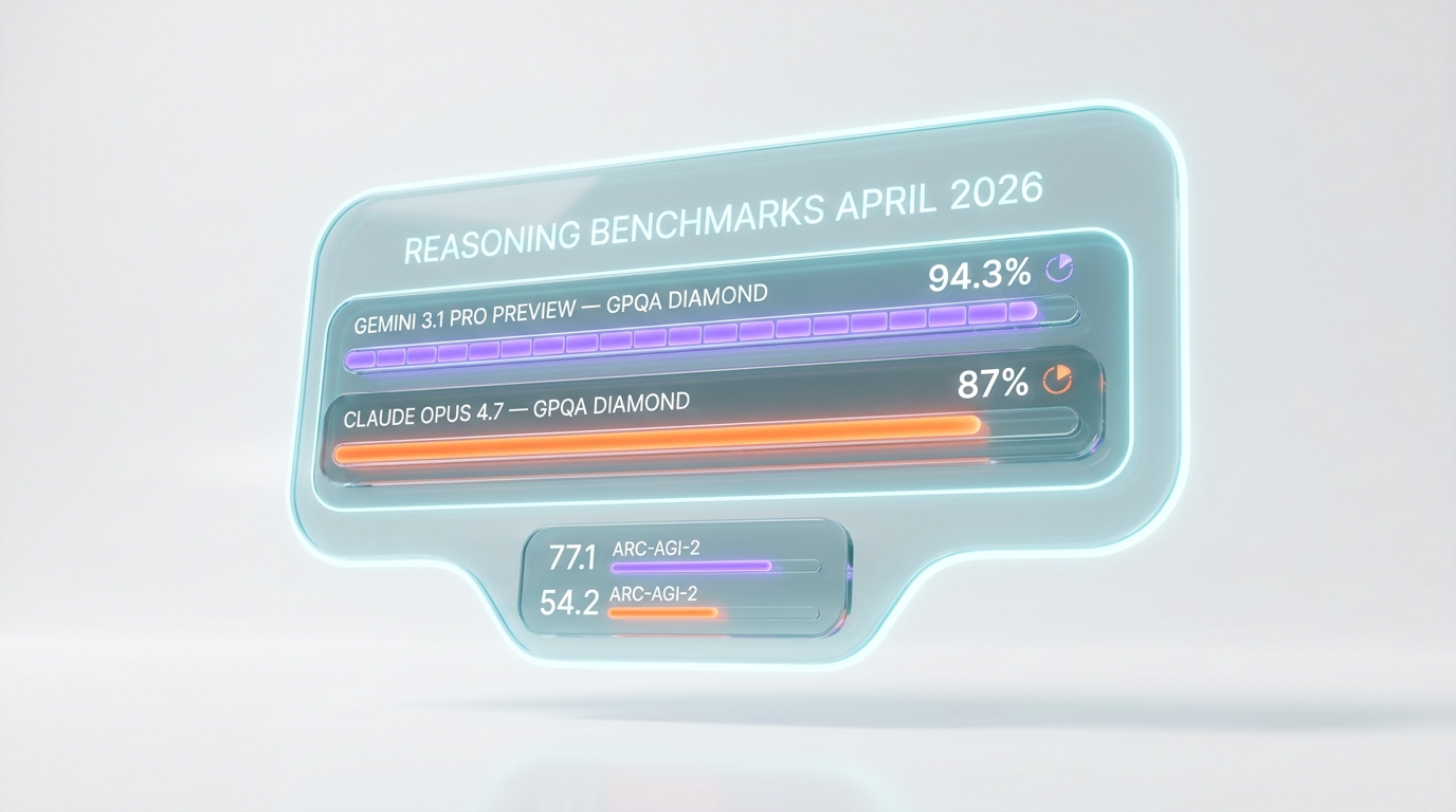 Reasoning benchmarks April 2026 — Gemini 3.1 Pro Preview 94.3 percent GPQA Diamond 77.1 percent ARC-AGI-2 vs Claude Opus 4.7 around 87 percent and 54 percent