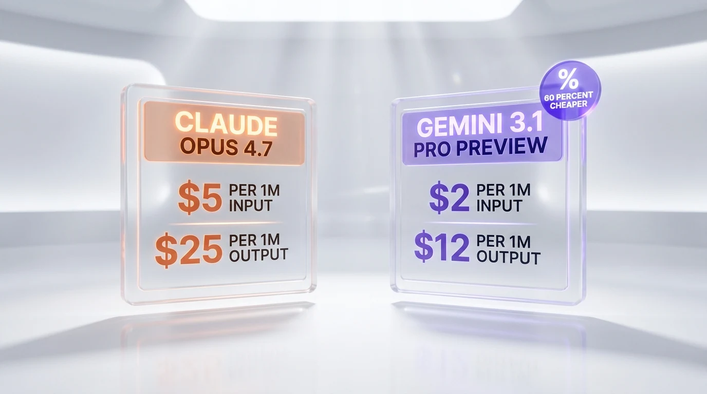 Claude Opus 4.7 pricing $5 input $25 output per 1M tokens compared to Gemini 3.1 Pro Preview $2 input $12 output per 1M tokens
