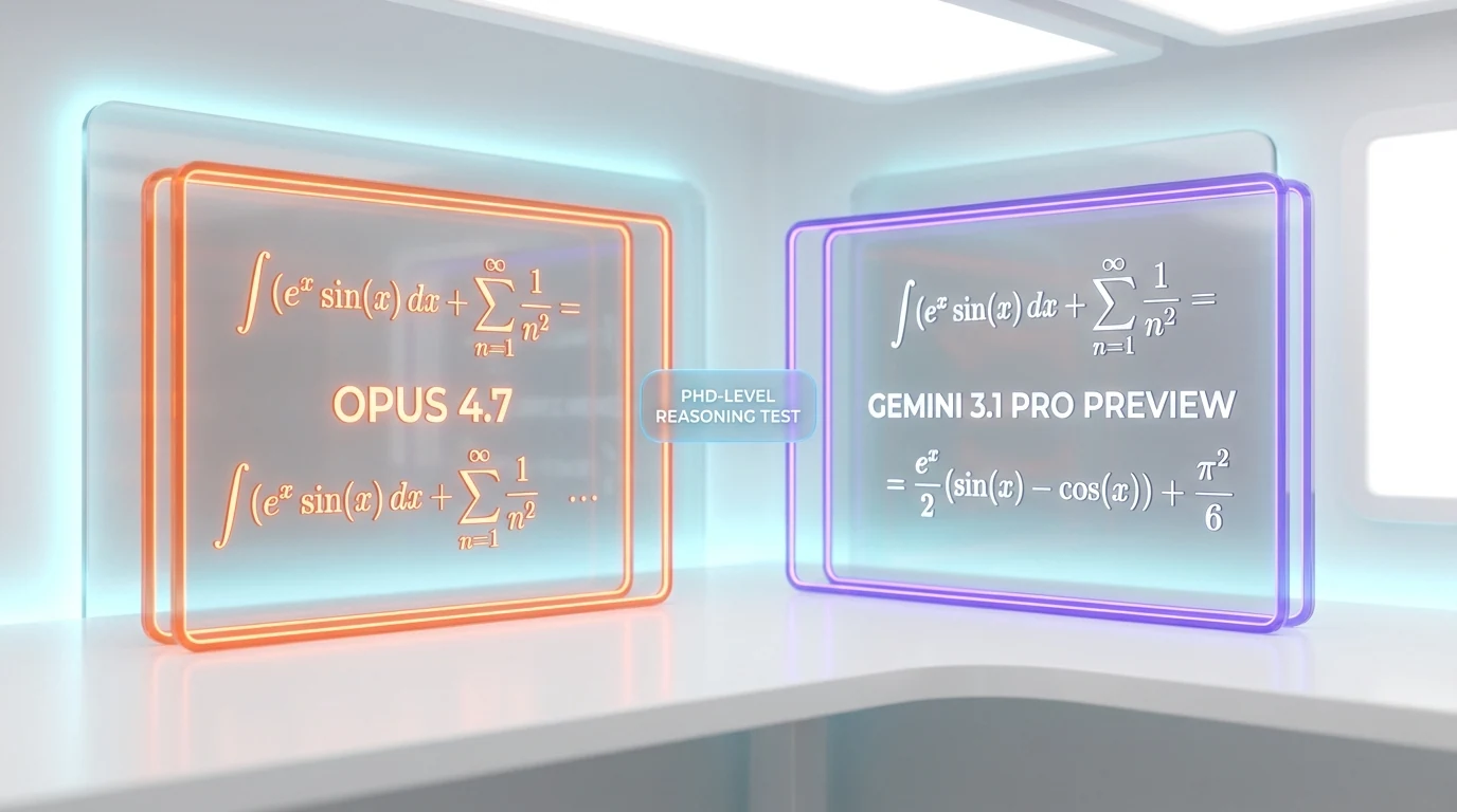 Reasoning test side by side — Gemini 3.1 Pro Preview solves PhD-level GPQA Diamond problem first try, Claude Opus 4.7 partial answer