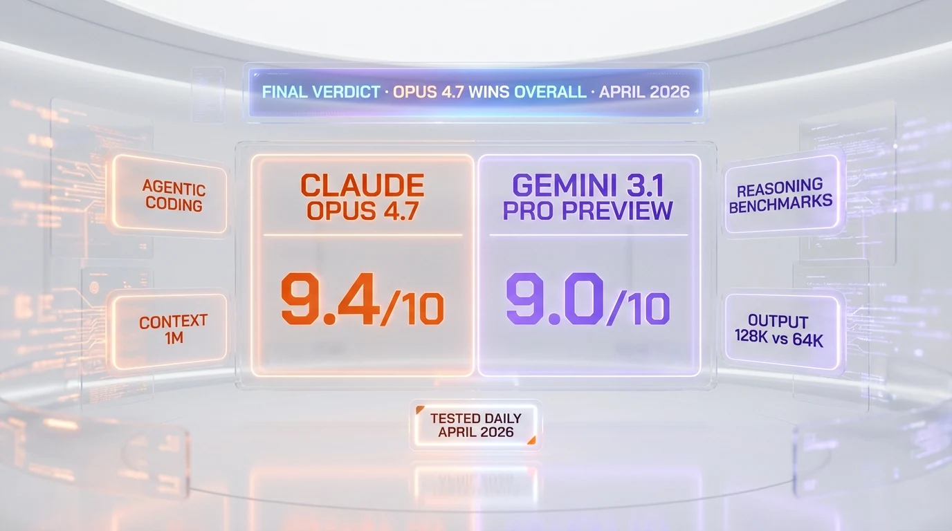 Final verdict — Claude Opus 4.7 9.4 out of 10 overall, Gemini 3.1 Pro Preview 9.0 out of 10, tested daily April 2026