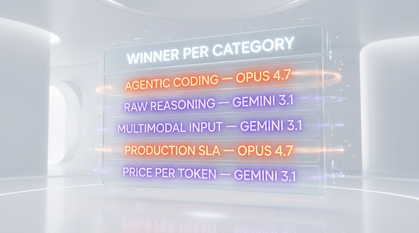 Winner per category matrix — Opus 4.7 wins agentic coding production SLA, Gemini 3.1 wins reasoning multimodal price