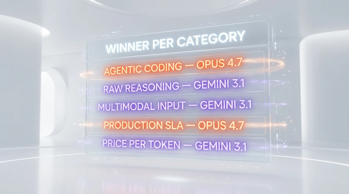 Winner per category matrix — Opus 4.7 wins agentic coding production SLA, Gemini 3.1 wins reasoning multimodal price