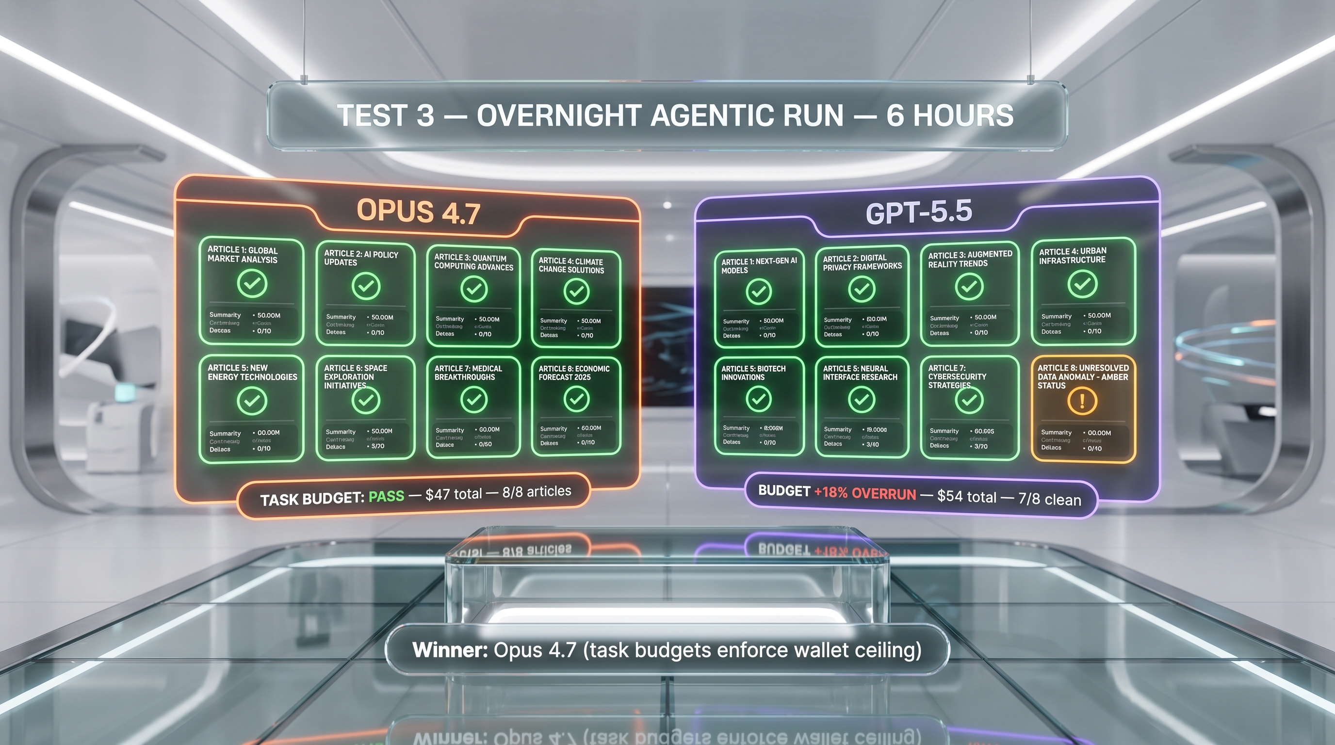 Long-horizon agentic test — Claude Opus 4.7 vs GPT-5.5 overnight content pipeline run, hours of operation, tool calls, completion rate