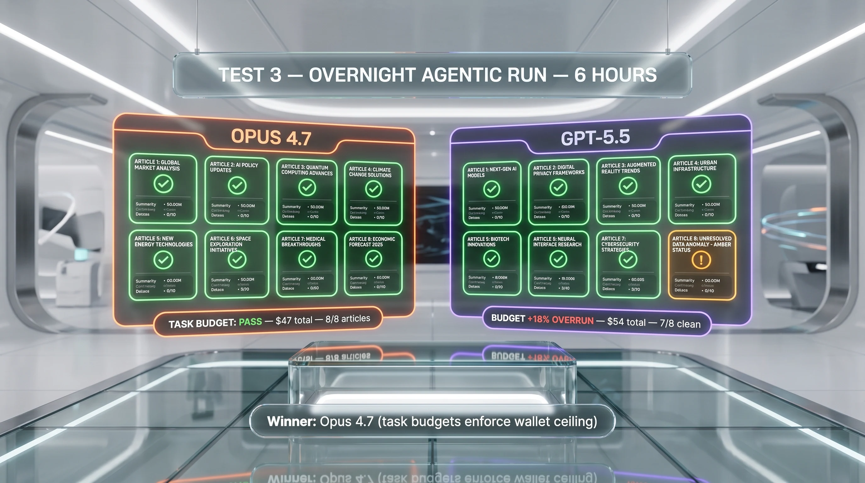 Long-horizon agentic test — Claude Opus 4.7 vs GPT-5.5 overnight content pipeline run, hours of operation, tool calls, completion rate