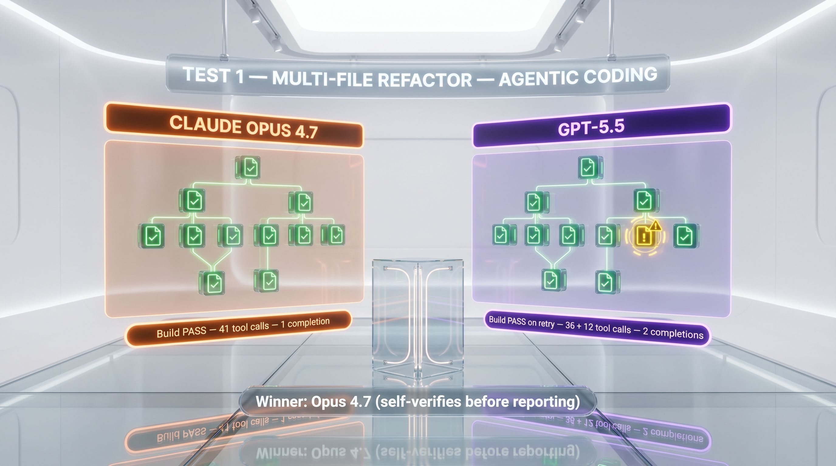Multi-file refactor agentic coding test — Claude Opus 4.7 vs GPT-5.5 results side-by-side, file count, tool calls, completion rate