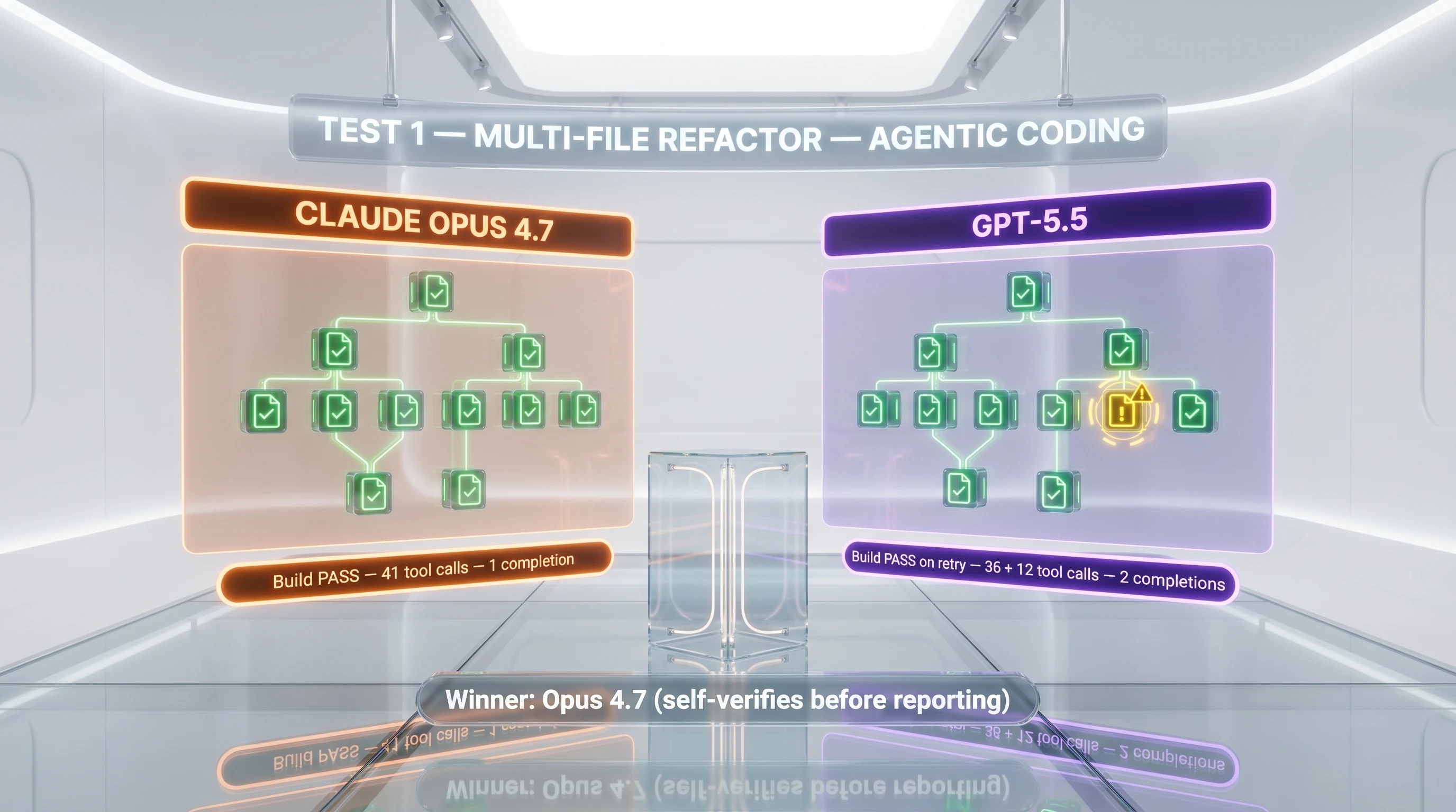 Multi-file refactor agentic coding test — Claude Opus 4.7 vs GPT-5.5 results side-by-side, file count, tool calls, completion rate
