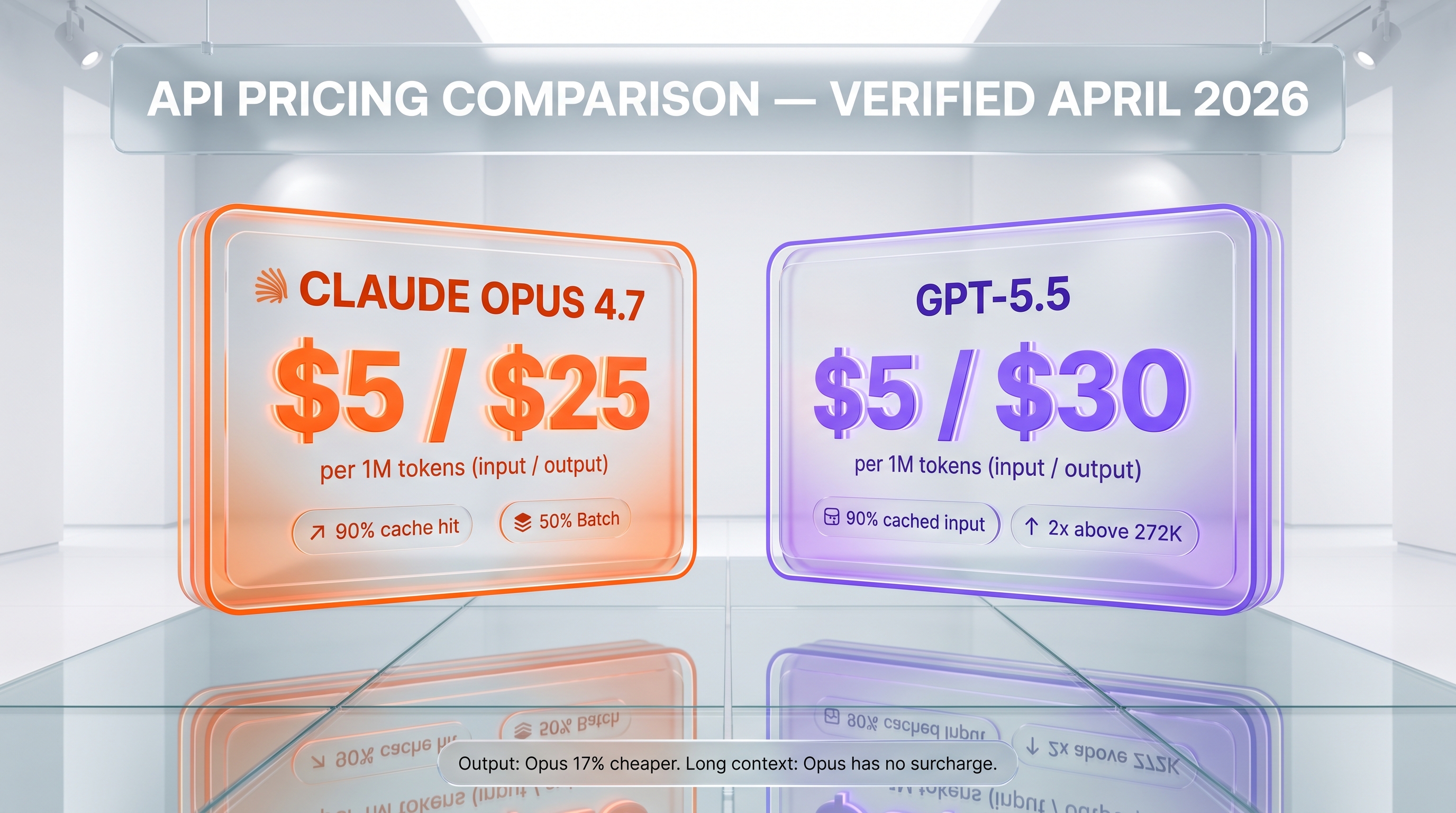 Claude Opus 4.7 vs GPT-5.5 pricing comparison — $25 vs $30 output per 1M tokens, cache and batch discounts