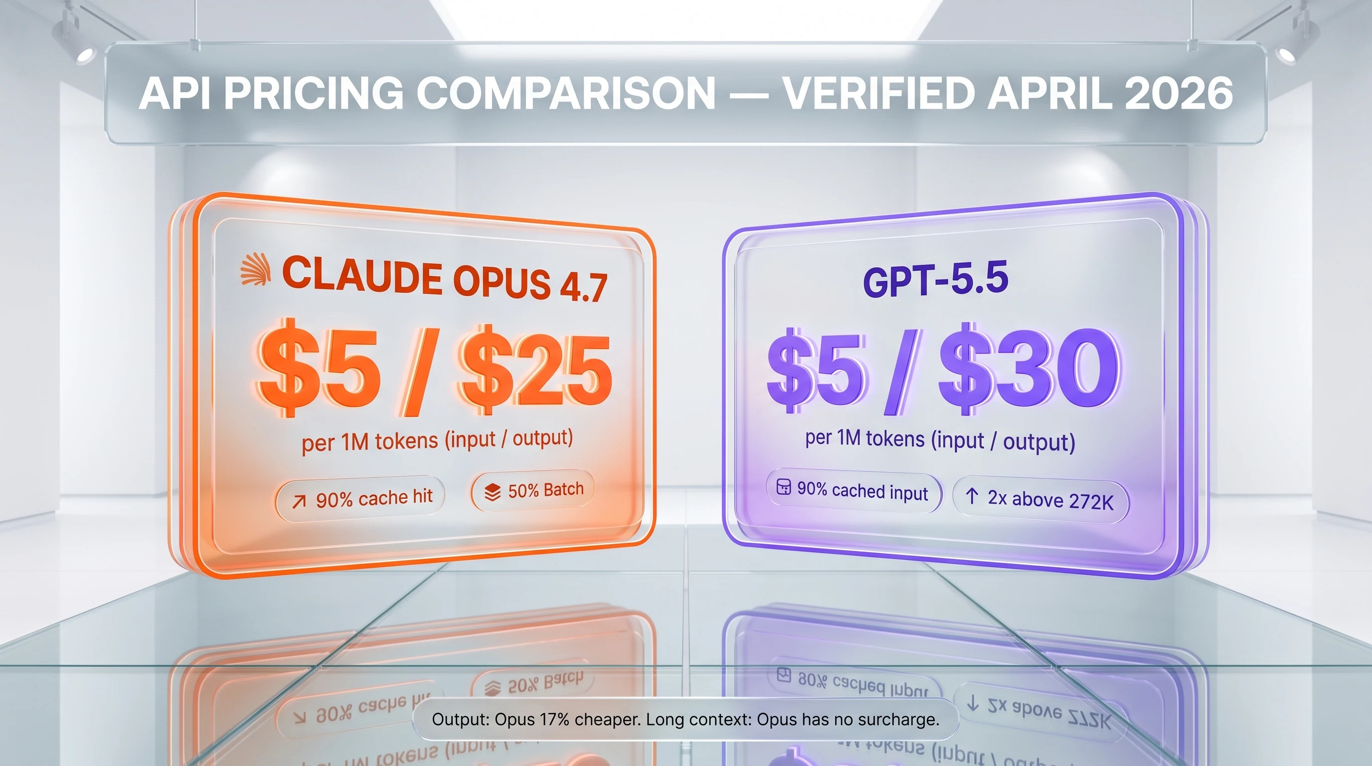 Claude Opus 4.7 vs GPT-5.5 pricing comparison — $25 vs $30 output per 1M tokens, cache and batch discounts