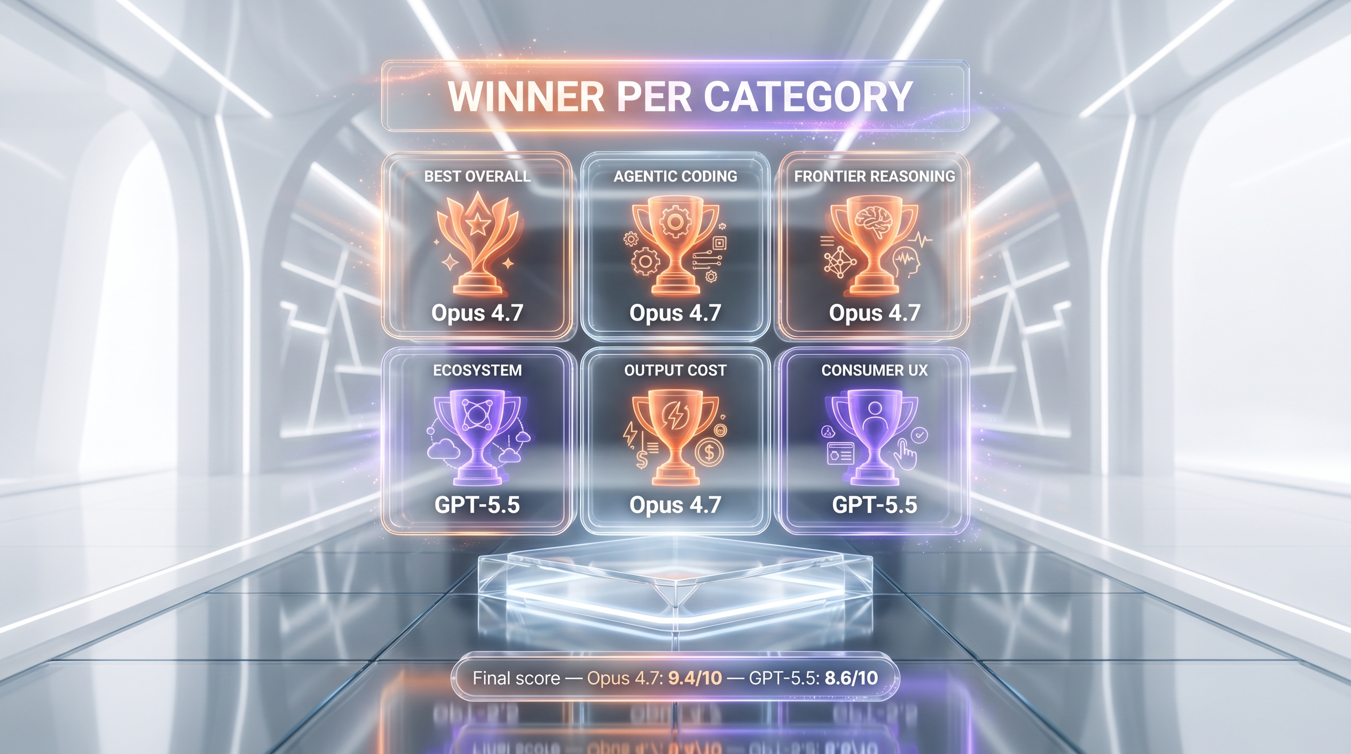 Winner per category matrix — Claude Opus 4.7 vs GPT-5.5 across coding, reasoning, agentic, multimodal, value, ecosystem