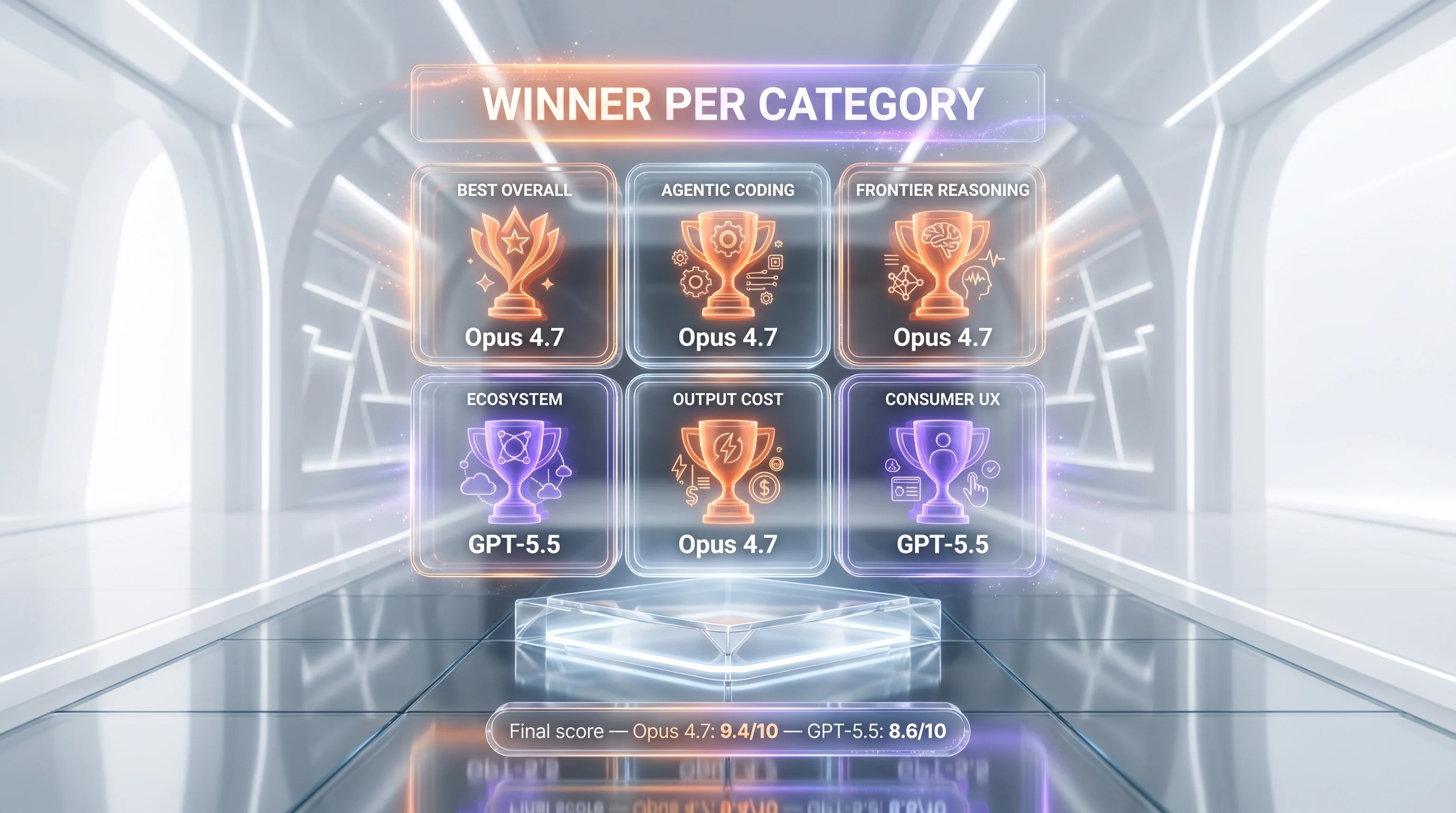 Winner per category matrix — Claude Opus 4.7 vs GPT-5.5 across coding, reasoning, agentic, multimodal, value, ecosystem