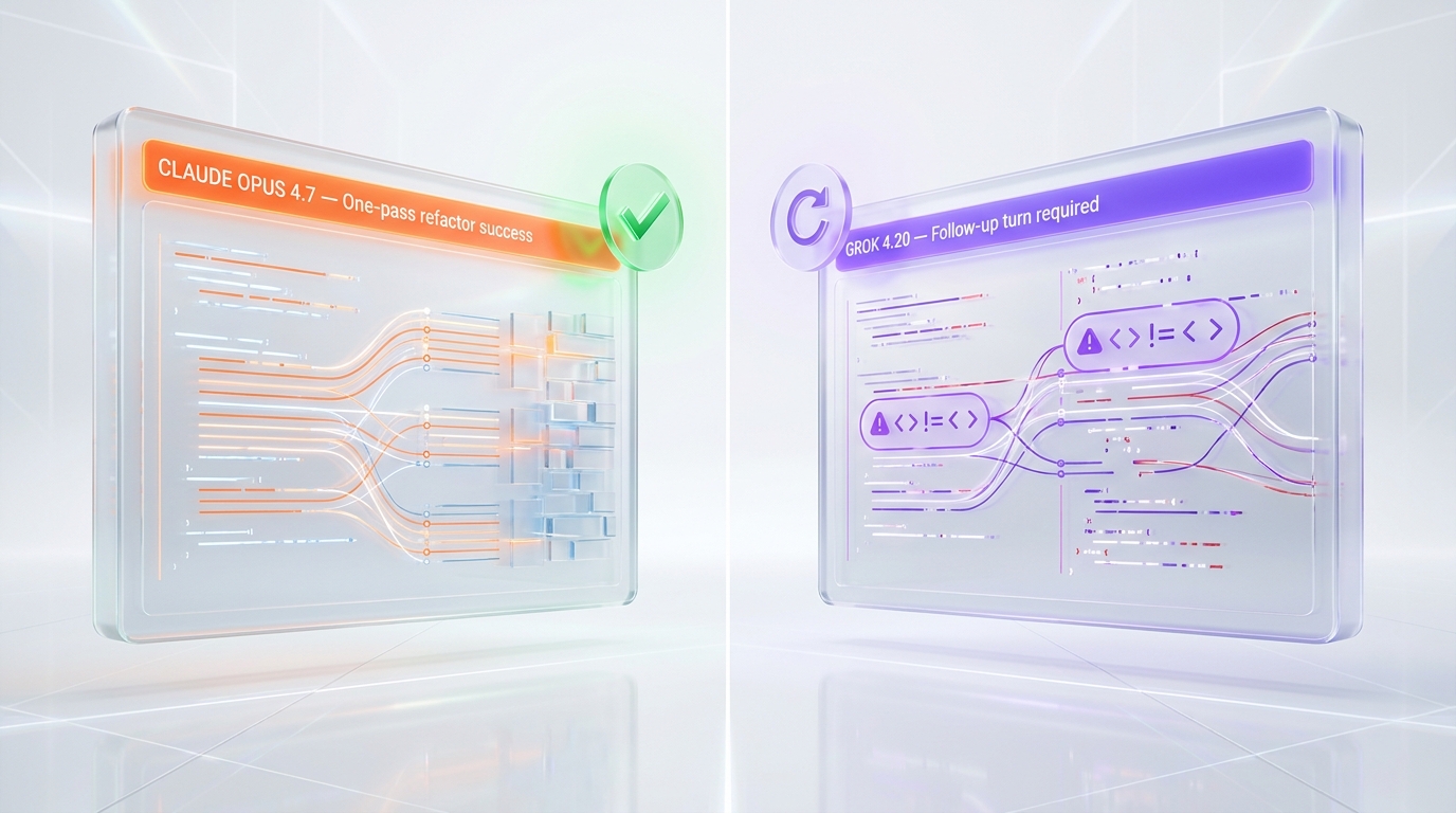 Side-by-side coding test result — Claude Opus 4.7 SWE-bench Verified 93% one-pass refactor success vs Grok 4.20 multi-agent variant requiring follow-up turn to resolve type conflicts