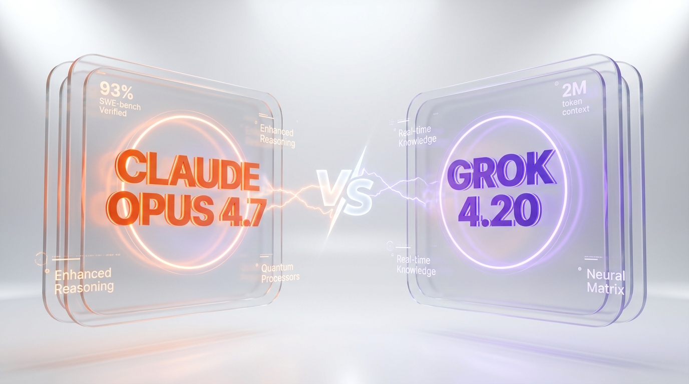 Claude Opus 4.7 vs Grok 4.20 — flagship LLM showdown, Opus wins on coding while Grok wins on context size and price, compared by ThePlanetTools