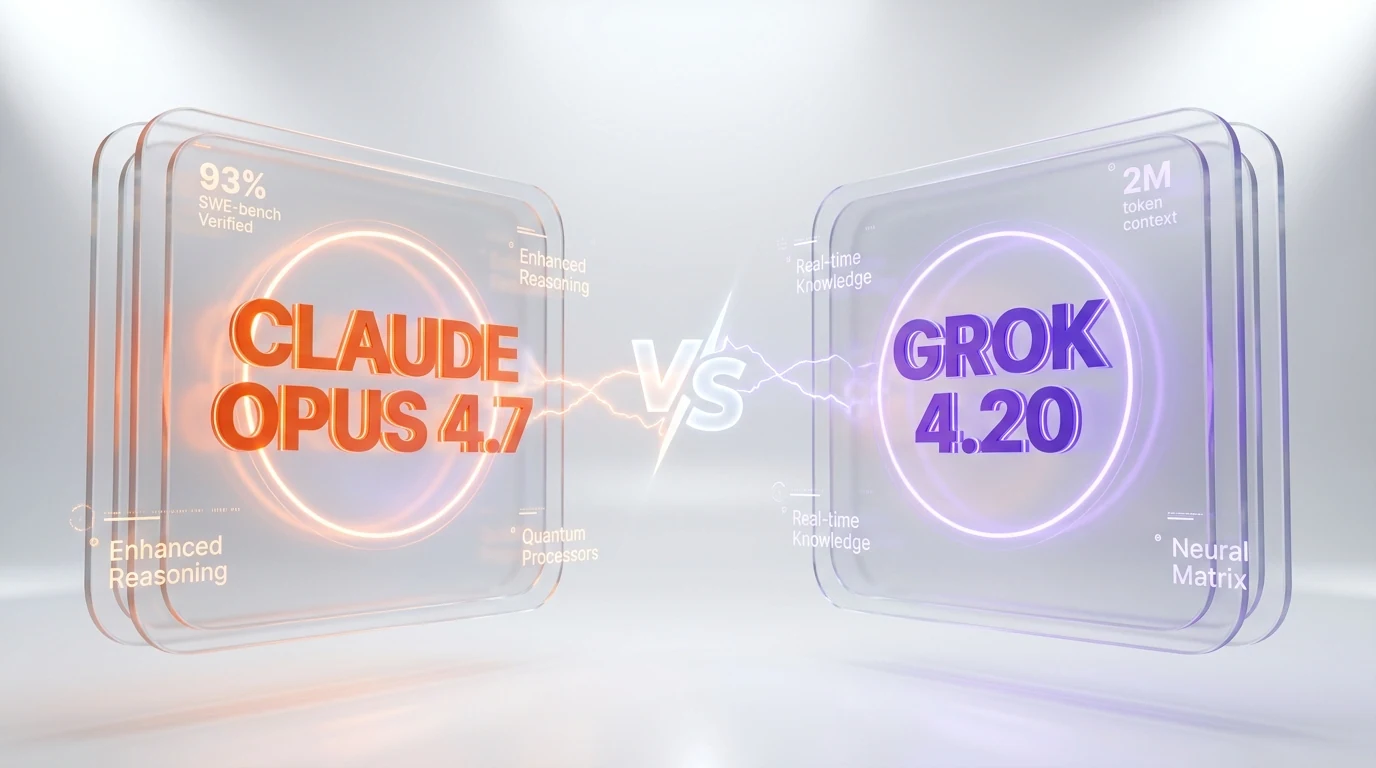 Claude Opus 4.7 vs Grok 4.20 — flagship LLM showdown, Opus wins on coding while Grok wins on context size and price, compared by ThePlanetTools