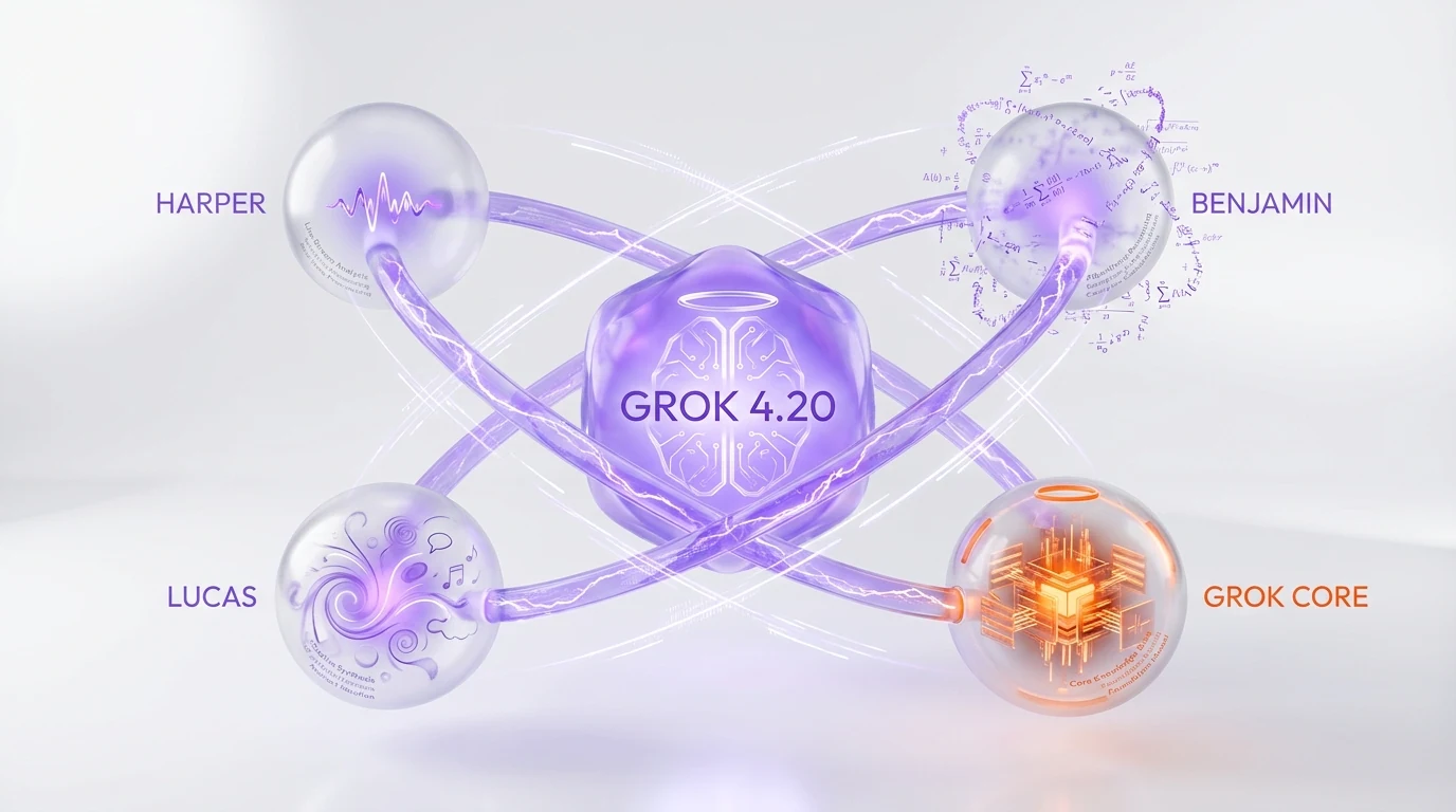 Grok 4.20 4-agent collaborative architecture diagram — Grok coordinator, Harper research agent with live X data, Benjamin math and code agent, Lucas creative synthesis agent — debating internally before consolidated answer