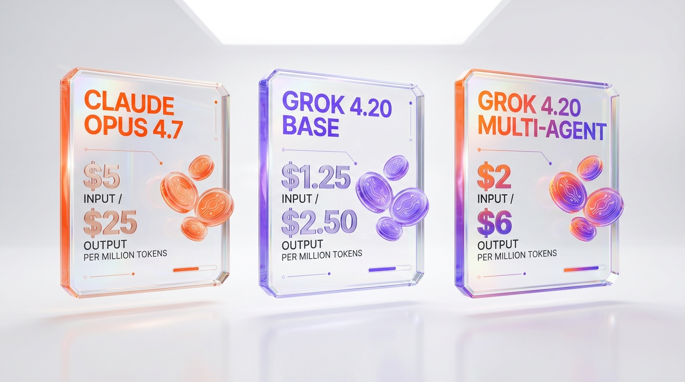Claude Opus 4.7 vs Grok 4.20 pricing comparison — Grok 4.20 base at $1.25 input and $2.50 output per million tokens vs Opus 4.7 at $5 input and $25 output, with multi-agent Grok variant at $2 input and $6 output