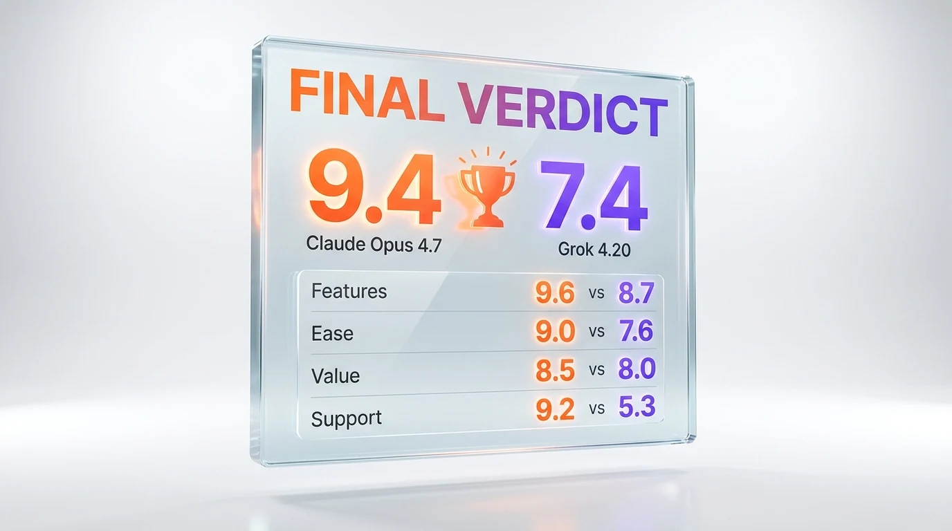 Final verdict — Claude Opus 4.7 wins overall 9.4 vs 7.4, Grok 4.20 wins on context size, price, and live X data; choose Opus for production engineering, Grok for ultra-long context or real-time research