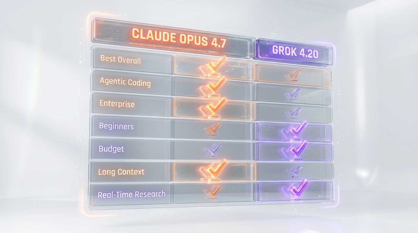 Winner matrix Claude Opus 4.7 vs Grok 4.20 — Opus wins agentic coding, beginners, power users, enterprise, latency; Grok wins budget, long context 2M tokens, real-time X data