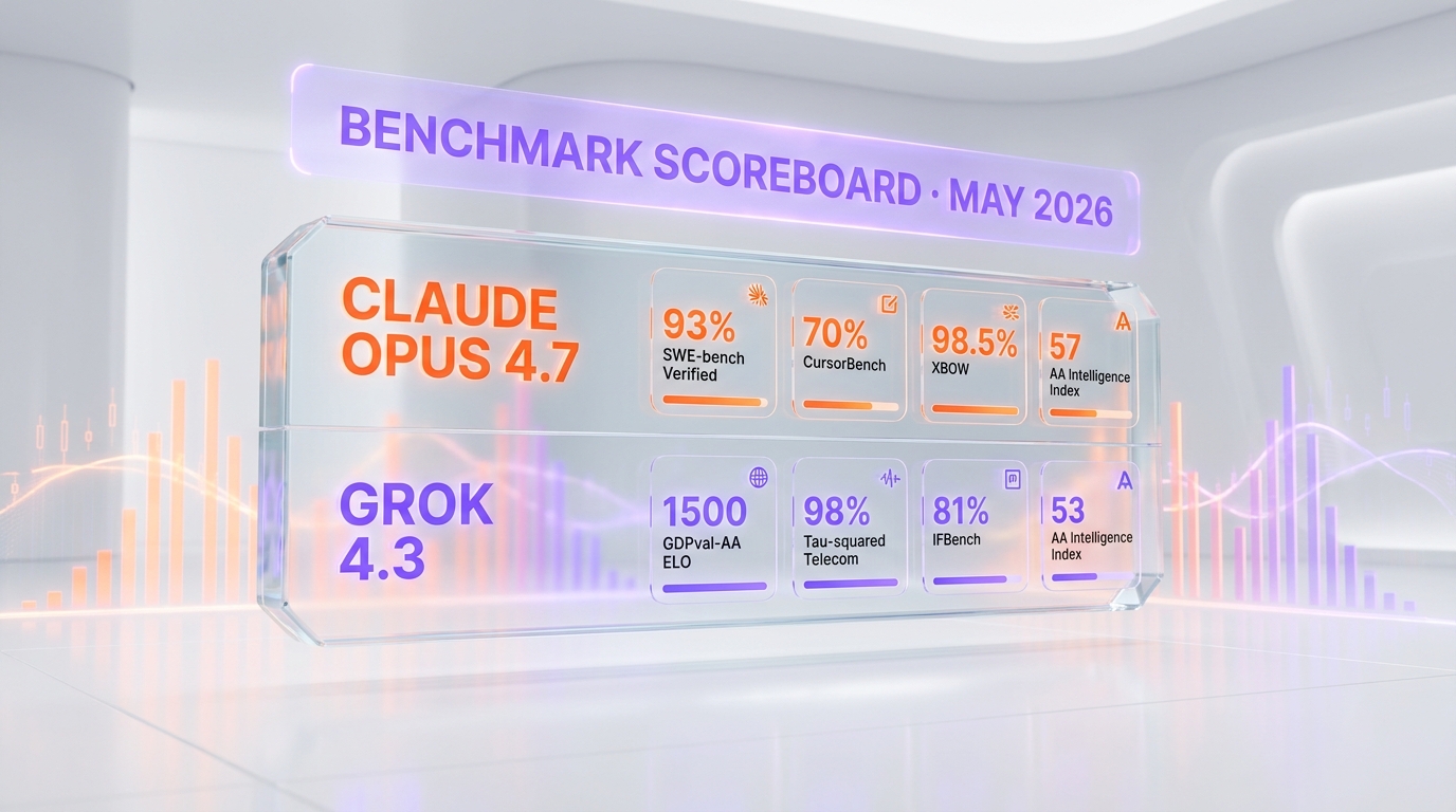 Benchmarks scoreboard — Claude Opus 4.7 93% SWE-bench Verified and 70% CursorBench versus Grok 4.3 with GDPval-AA ELO 1500 and tau-squared Bench Telecom 98% on Artificial Analysis Intelligence Index 53