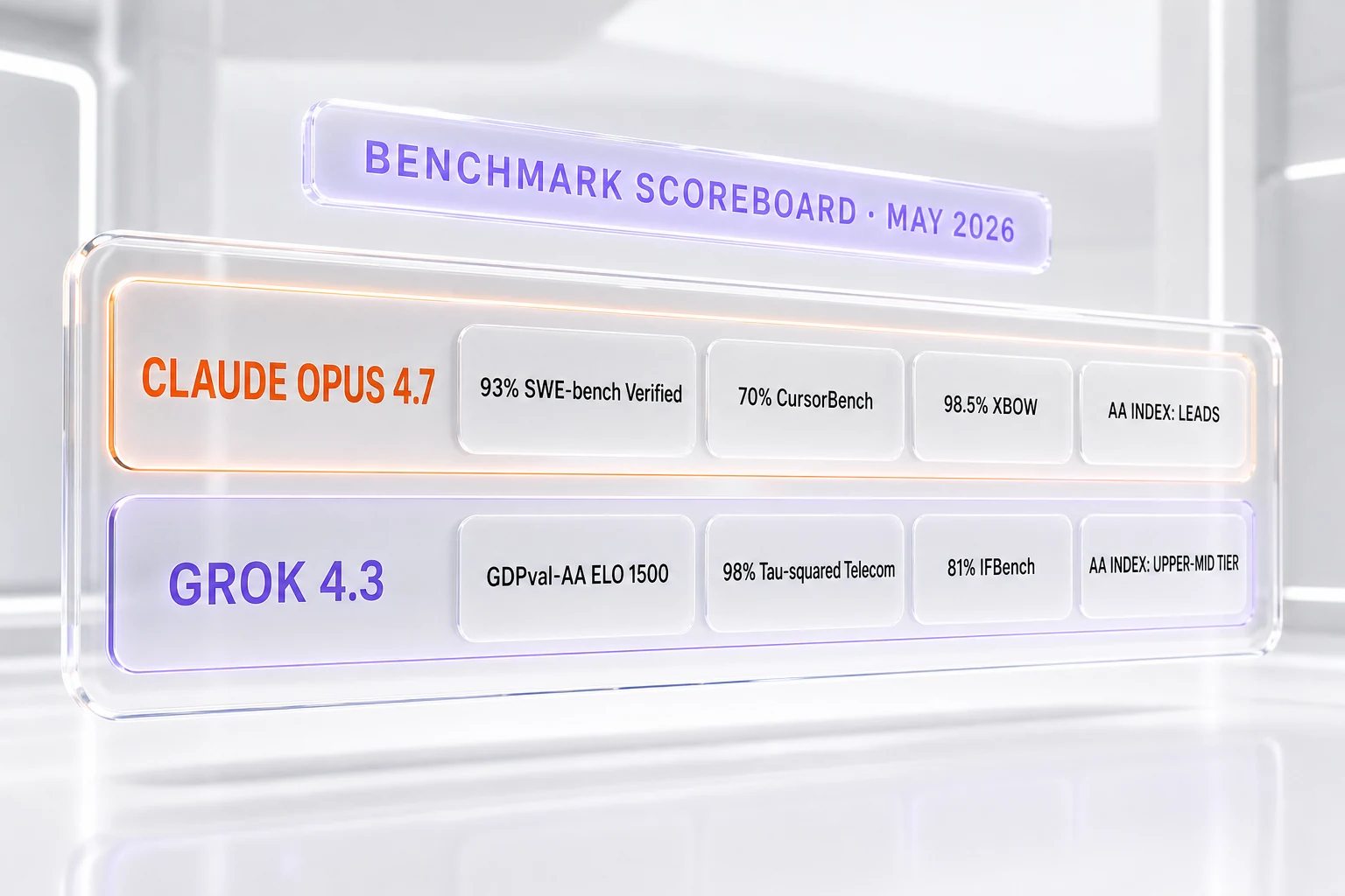 Benchmarks scoreboard — Claude Opus 4.7 93% SWE-bench Verified and 70% CursorBench versus Grok 4.3 with GDPval-AA ELO 1500 and tau-squared Bench Telecom 98%, ranked in the upper tier of the Artificial Analysis Intelligence Index