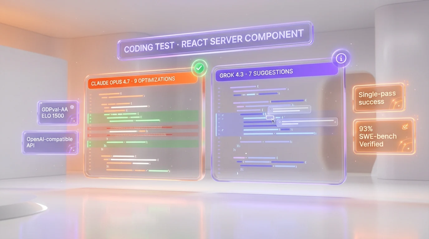 Side-by-side coding test result — Claude Opus 4.7 9 specific React Server Component optimizations versus Grok 4.3 7 valid suggestions with lower-impact additions and clean compilation on both