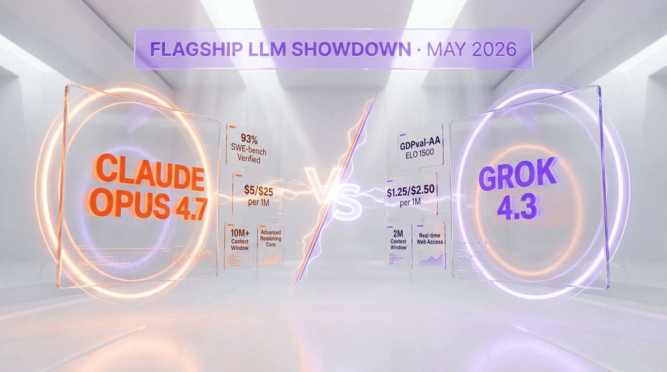 Claude Opus 4.7 vs Grok 4.3 — flagship LLM showdown comparing $5/$25 Opus 4.7 versus $1.25/$2.50 Grok 4.3 with native video and slide generation, side-by-side hands-on testing by ThePlanetTools