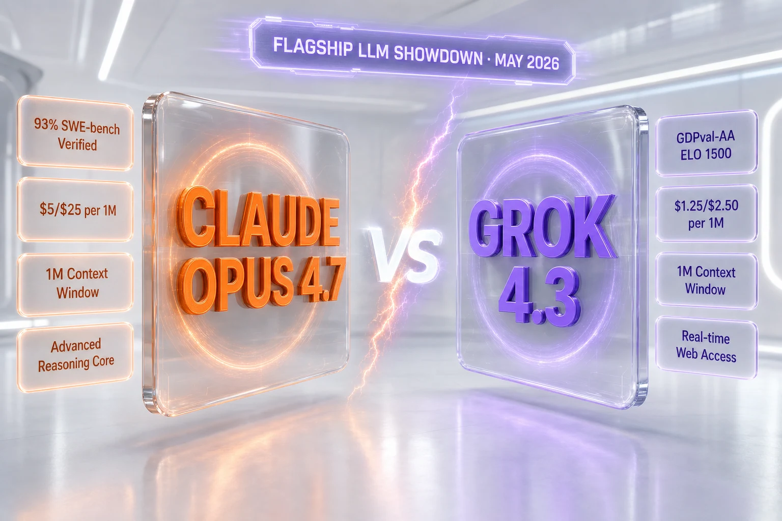 Claude Opus 4.7 vs Grok 4.3 — flagship LLM showdown comparing $5/$25 Opus 4.7 versus $1.25/$2.50 Grok 4.3 on price, speed, and real-time X data, side-by-side hands-on testing by ThePlanetTools