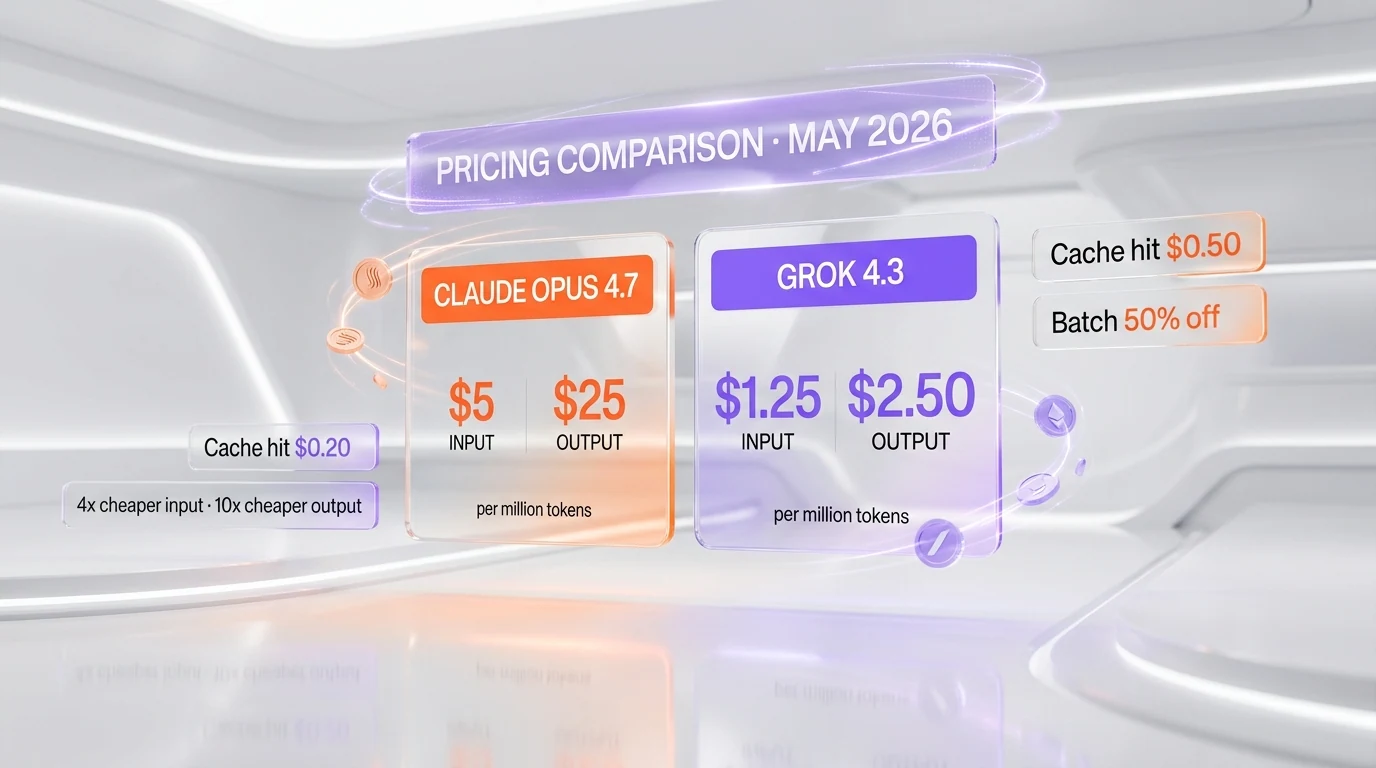 Claude Opus 4.7 vs Grok 4.3 pricing comparison — Grok 4.3 at $1.25 input and $2.50 output per million tokens versus Opus 4.7 at $5 input and $25 output, 4x and 10x cost gap